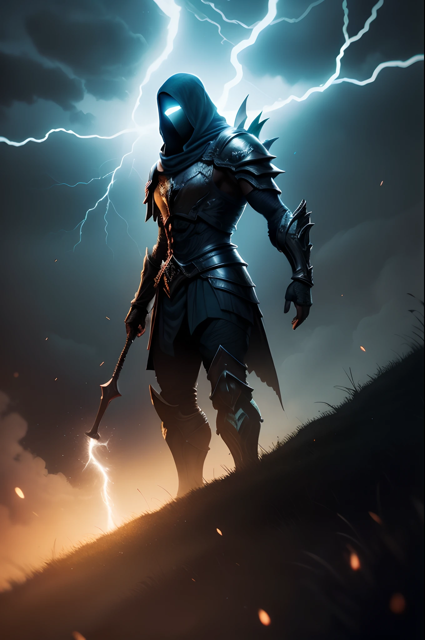 There's a man in armor holding a sword on a hill, Epic Fantasy Digital Art Style, Conceito de armadura de alma escura, ares com armadura pesada e espada, wearing thunder armor, epic fantasy game art, luz saindo da armadura, Epic fantasy art style, Arte de fantasia 8k, cavaleiro do mal, do videogame Vermintide 2, Unreal Engine Arte de fantasia