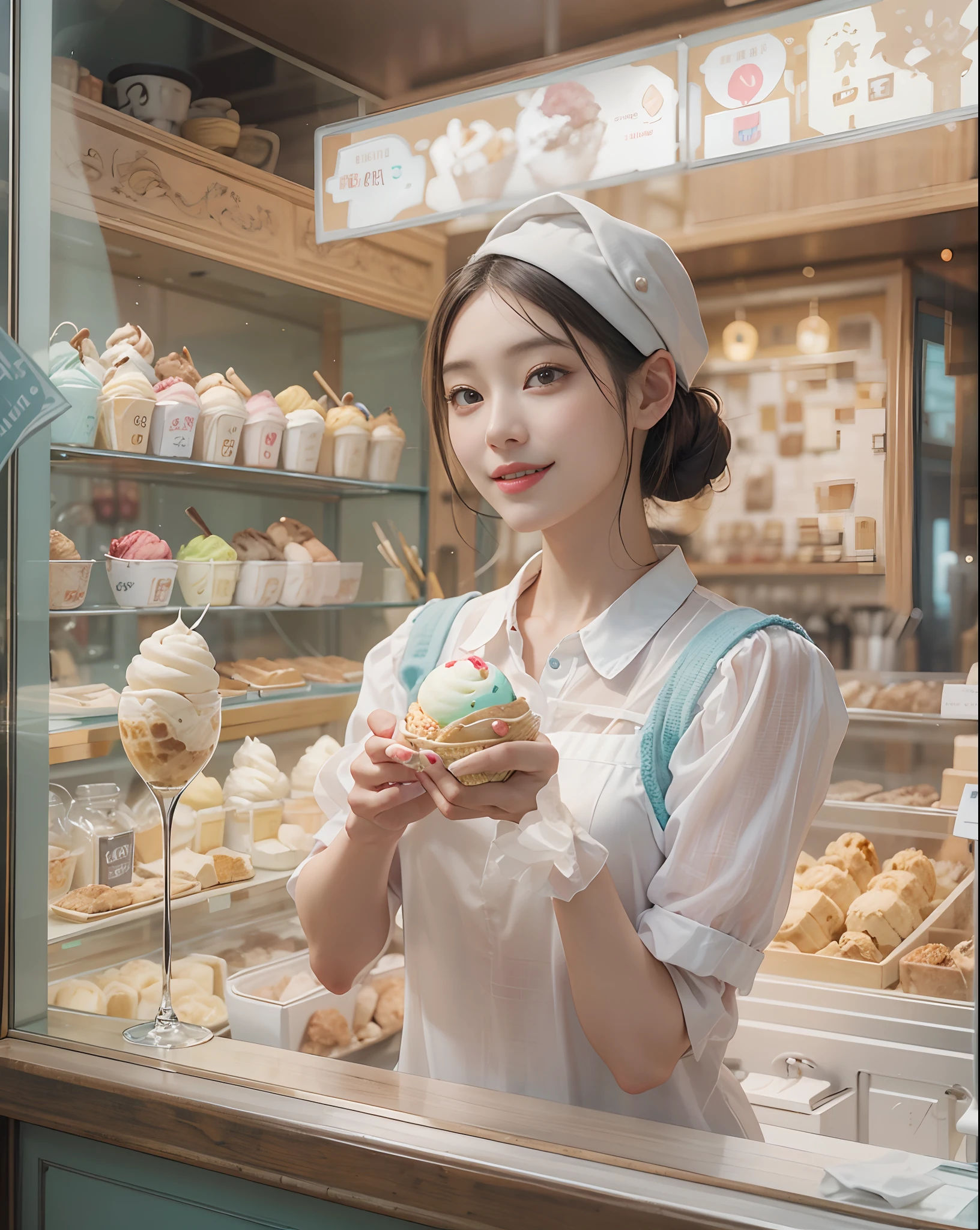 masutepiece、hight resolution、The Ice Cream Shop of the Future、Ice cream shop clerk、30-year-old girl、１Girl clerk、Looking at the camera、smil、Finish as shown in the photo、the skin is white and beautiful、inner colored、