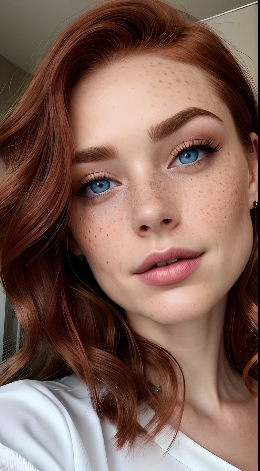 Create a digital portrait of a young woman with striking red hair and piercing blue eyes. Her hair should be styled in loose waves, falling effortlessly down her back. She should have a small, delicate nose and full lips that curve upwards in a warm smile. Her skin should have a healthy, rosy glow, with a smattering of freckles across her cheeks and nose. Her eyes should be a deep, sparkling blue, with long lashes that add to their allure. She should be dressed in a simple yet elegant white blouse, with a high neckline that accentuates her slender neck. The background should be a soft, muted color, allowing the subject to take center stage. The overall mood of the piece should be one of understated elegance and quiet confidence