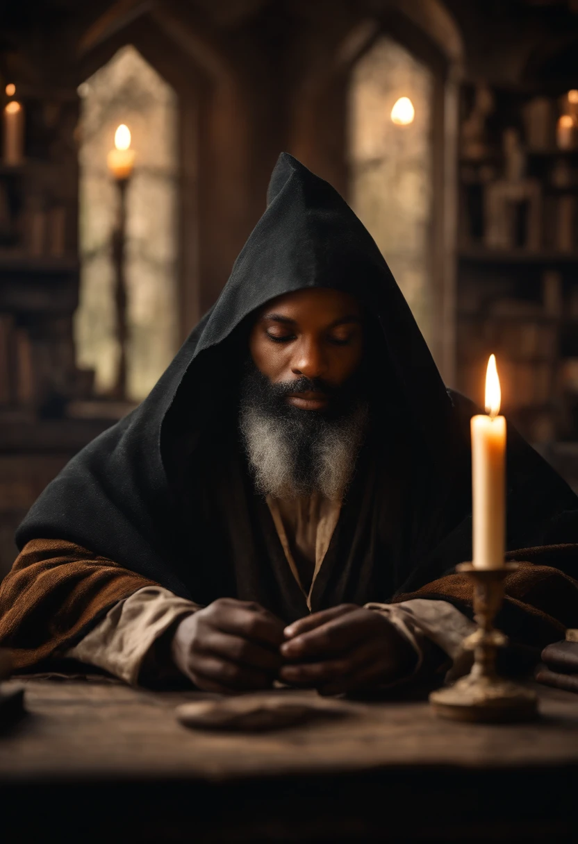 (a wizard of African descent with prefect hands),muito velho com uma barba longa, in a rustic and secret place,(estantes de livros antigos). [Making magic potions and giving wise advice].(melhor qualidade,4k,8k,Altas,master part:1.2),ultra-detalhado,[Realistic,fotorrealista,photo-realistic:1.37] Retratos, [Cores escuras e misteriosas], [Subtle and dim lighting], [textura vintage e antiga]