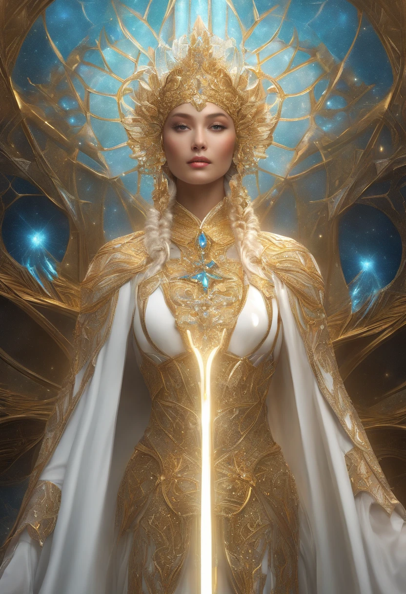 (​masterpiece、top-quality、top-quality、Official Art、Beautifully Aesthetic:1.2)、(1girl in)、ighly detailed、(Fractal art:1.3)、colourfull、highestdetailed、face perfect、The upper part of the body、HDR、(doa:1.3)、(White cloak golden lines:1.2)、intergalactic、(light streaks)、striking visuals、(Dynamic streaks、Bright trajectory:1.2)、vivd colour、Face front、goddes、mystical、realisitic