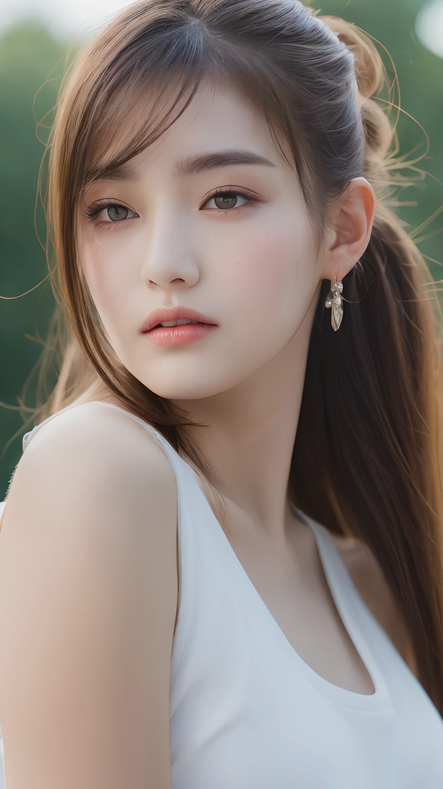 ((Best quality, 8k, Masterpiece :1.3)), 1girl, Pretty woman with emphasizing slender abs :1.3, (random hairstyles :1.2), Oversized tank top :1.2, Ultra-detailed face, Detailed eyes, Double eyelid, armpit