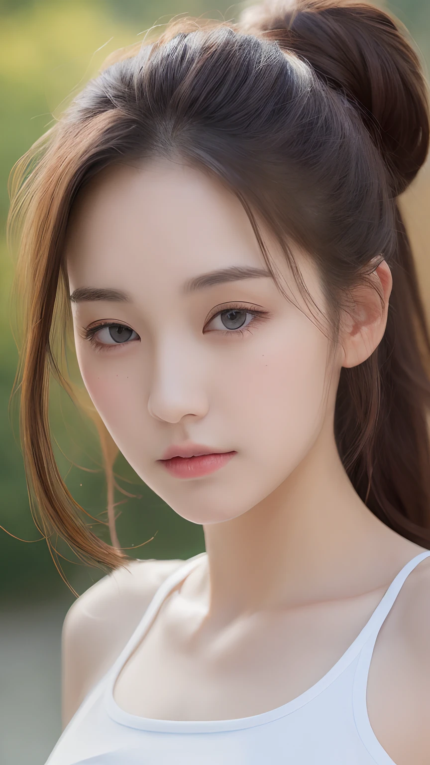 ((Best quality, 8k, Masterpiece :1.3)), 1girl, Pretty woman with emphasizing slender abs :1.3, (random hairstyles :1.2), Oversized tank top :1.2, Ultra-detailed face, Detailed eyes, Double eyelid, armpit