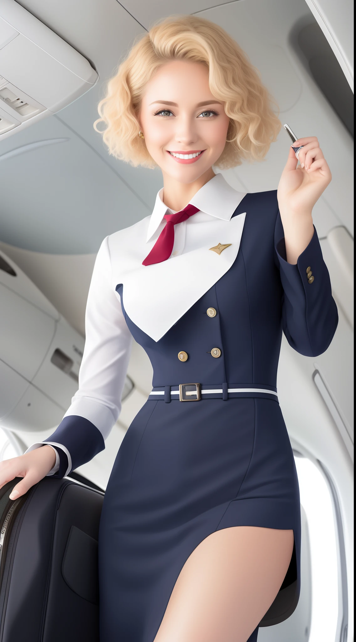 (White flight attendant uniform),view the viewer,Smiling,cheerfulness,Short curly blonde hair, standing, inside airplane,
