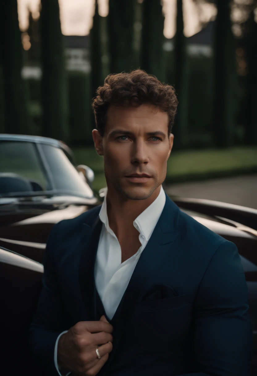 corps entier, wide-angle photo close-up portrait of the body of a handsome man , Grand et en forme, (40 ans:1.1), (shaven:1.2) , (very short brown hair and a little curly:1.5),(very short hair:1.6). (Tight suit in dark blue velvet:1.3). (posing outside the mansion with a luxury car:1.1),Cold and dark sunset at dusk, (Edge Light:1.1),(Concentrez-vous sur les yeux), (Regard fier), (hard light on the skin:1.2), (ombres dures, dark themed, Contraste profond:1.1), (photographie de portrait par Annie Liebovitz), Dark mint theme and choral aesthetics, (skin imperfections), African american,