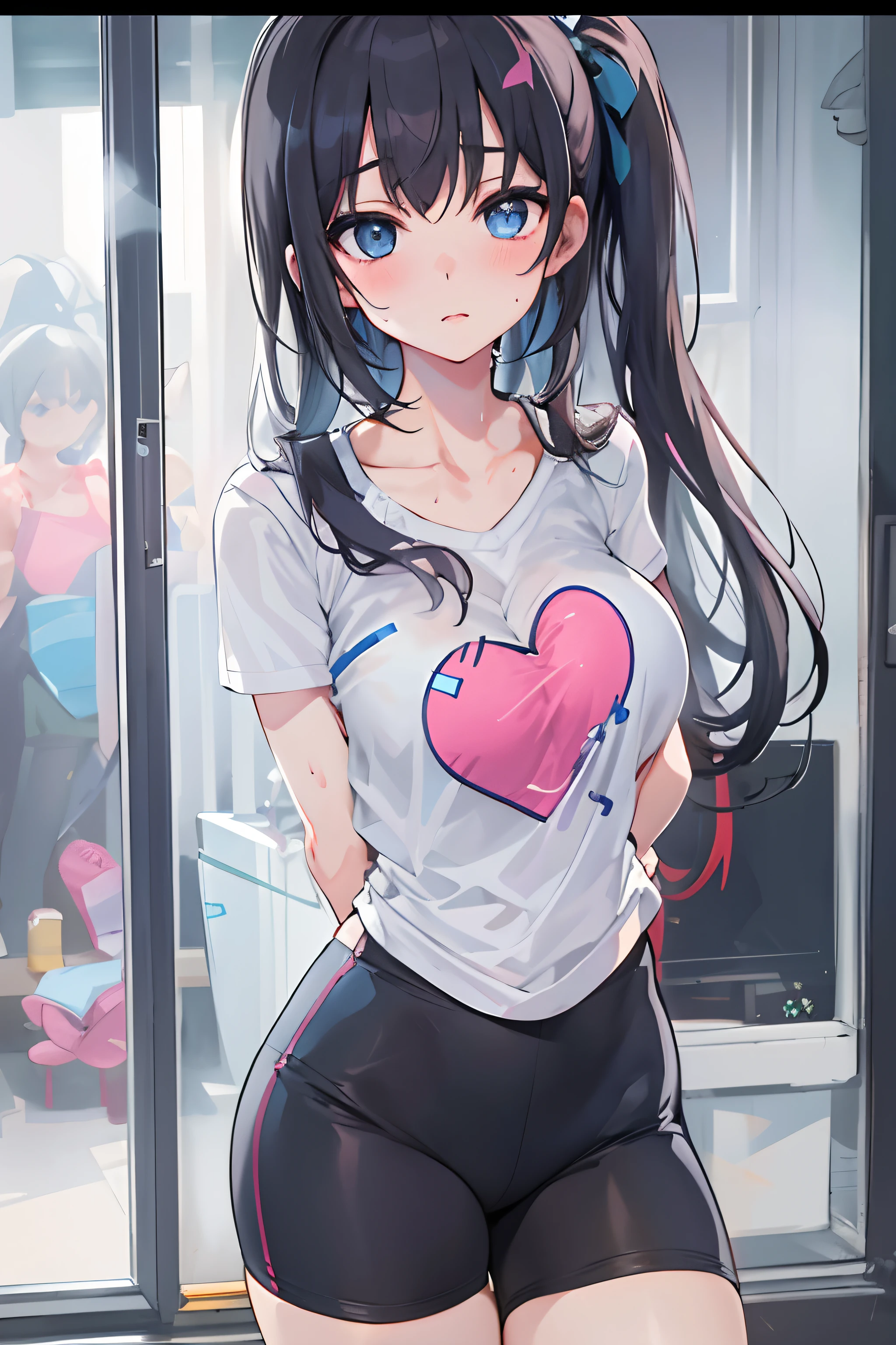 ,Single 1 girl,Shyness to look away,white short socks,with a good figure,Black yoga pants, sweat leggs ,love heart