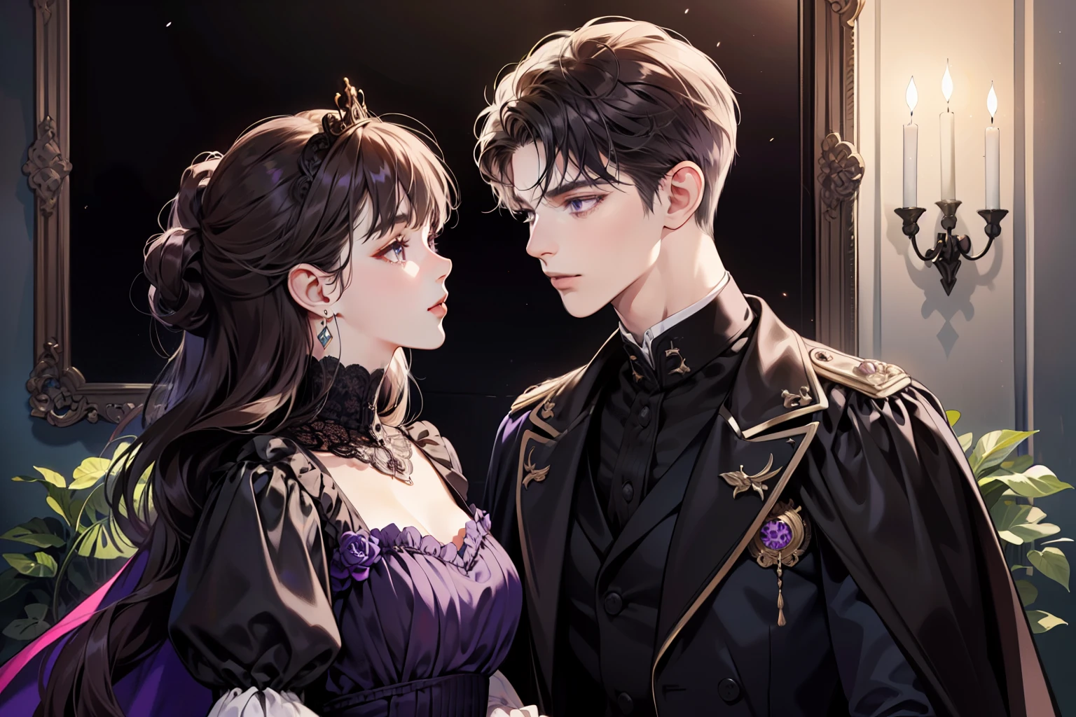 1 girl 1 boy, different hair color, extremely detailed face, Long black bang hair with twist and purple eyes, short dark brown hair and dark grey eyes, face to face, 25 years old, Victorian era, (girl wears a purple dress), (boy wears a long black cape and black suit), dim light, boy is a king, boy is taller, (dark palace)