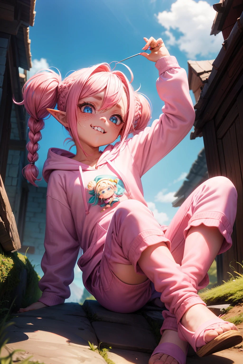 A beautiful gnome girl with pink hair in two braided pigtails. She wears a pink hoodie and bright blue pants with pink slippers. She has blue eyes and freckles, elf ears. She has a mischievous look on her face, up to no good, a rapscallion. Sharp pointy teeth. Very pretty but wild. Petite and short.