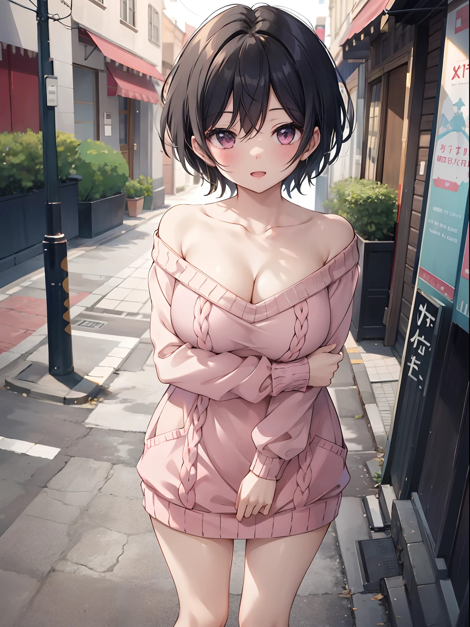 absurderes、high resolusion、(masterpiece)、best qualtiy、(perfect anatomia)、ighly detailed, anime illustrated,
(depth of fields)、bokeh dof,
(Lori, Chiquita), Short hair, Black hair,
1girl in, sarashina_ruka, large boob,
(pink sweater dress:1.2),
Top, cleavage, Bare shoulder,
in street, From above,
smil, blush, Open mouth, thighs thighs thighs thighs,
NSFW, Looking at Viewer,
hug, kiss,