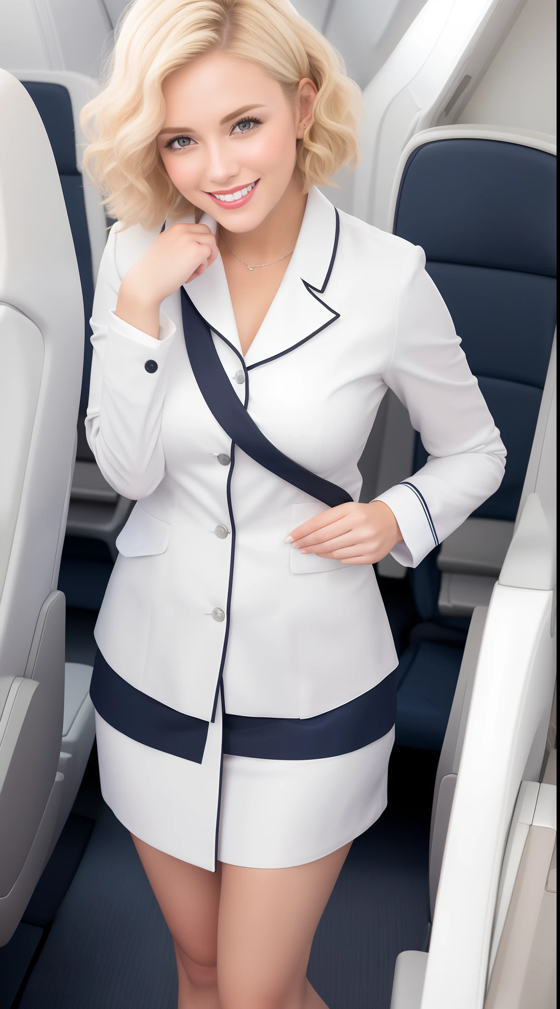 (White flight attendant uniform),view the viewer,Smiling,cheerfulness,Short curly blonde hair, standing, inside airplane,