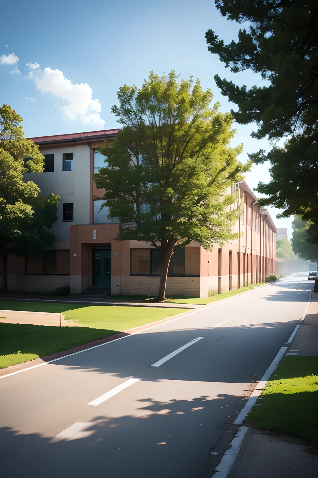 School road,On both sides are the school building and the tree