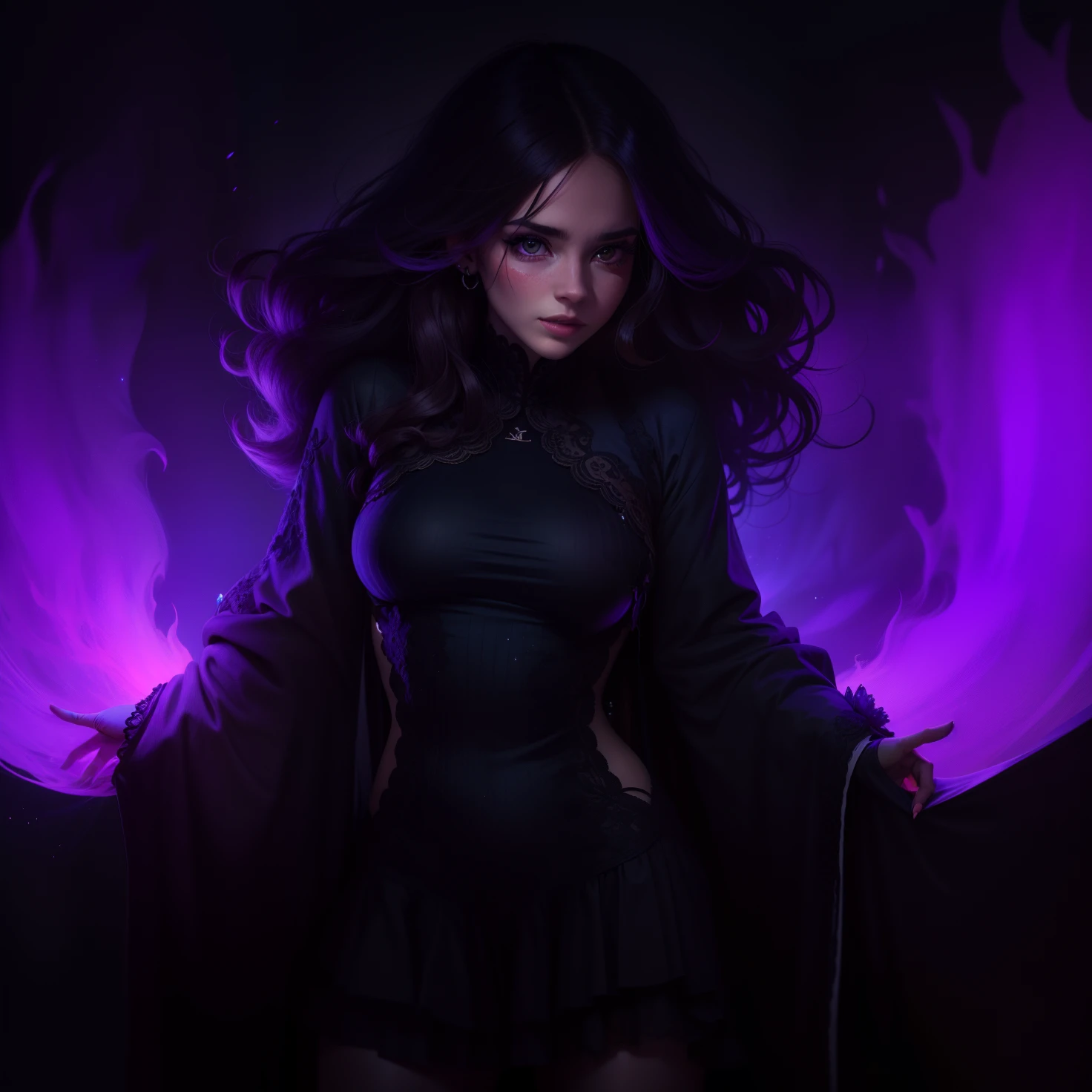 Woman walking head-on down a road at night, with fog and shadows, wavy and long black hair, detailed hand and fingers, high quality, ultra-detailed, 8k, masterpiece, (volumetric lighting), black magic, fanciful, lilac colors, purple, black and vivid shadows on the woman's return. --auto --s2