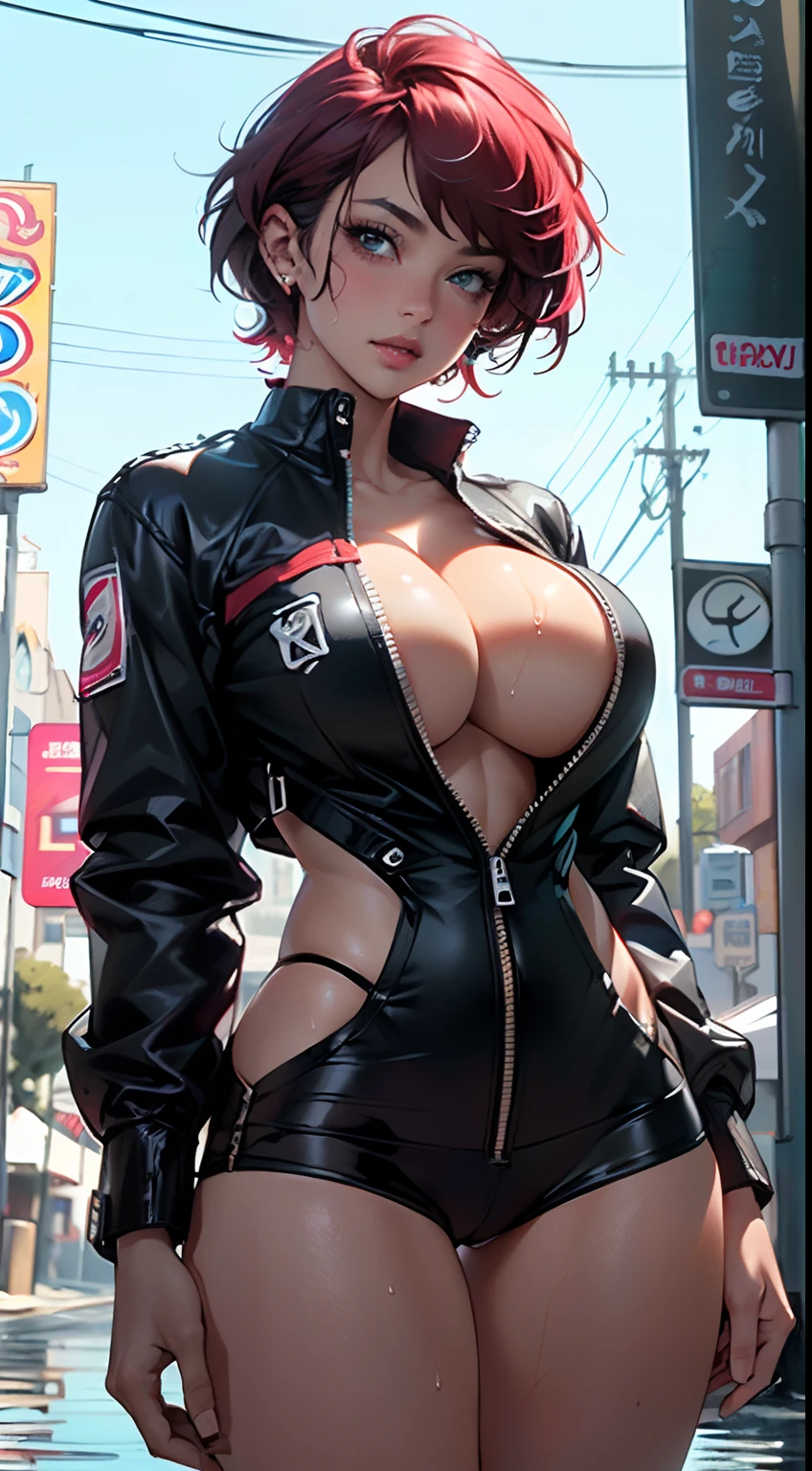 mechanical girl,(1girl: 1.3),((1 black girl with extremely cute and beautiful red hair)),((((black race)))),
(big breasts: 1.4),sagging breasts,(((short red hair: 1.35,cropped,redhead,very short hair))),(((heterochromia:1.5,eye1 red,eye2 white))),intricate eyes,beautiful detailed eyes,symmetrical eyes,(fat: 1.2),((((tan,dark skin,black skin:1.35,dark-skinned_female,dark skin:1.3,ebony skin,lustrous skin:1.5,bright skin: 1.5,shiny skin,very shiny skin,shiny body,illuminated skin,wet legs)))),(spider lower abdomen,narrow waist,wide hip ,athletic body,inflated legs,delicate and detailed fingers,detailed body,(detailed face)),(((muscle legs,muscular thighs,muscular girl))),((strong and muscular,bodybuilder,strong body,muscular,feminine and muscular,ABS)),(huge stature,tall stature,very tall girl),
cute,slutty,sensual,seductive look,seductive,erotic,enchanting,((nsfw)),
(fitted overalls: 1.3,suit unbuttoned),((mechanical tools on his clothing)),(((huge cleavage))),((wet clothes,intricate outfit,intricate clothes)),
(dynamic pose:1.0),embarrassed,(centered,scale to fit dimensions,Rule of thirds),
cyberpunk city by the ocean at night, with bright neon signs and dark stormy clouds and puddles, scenery:1.25,
artistic photography,(photography taken by sldr),highres, sharp focus, (ultra detailed, extremely detailed), (photorealistic artwork:1.37),(extremely detailed CG unity 8k wallpaper),((synthwave background theme)),(((vibrant colors))),(intricate background),(masterpiece),(best quality),