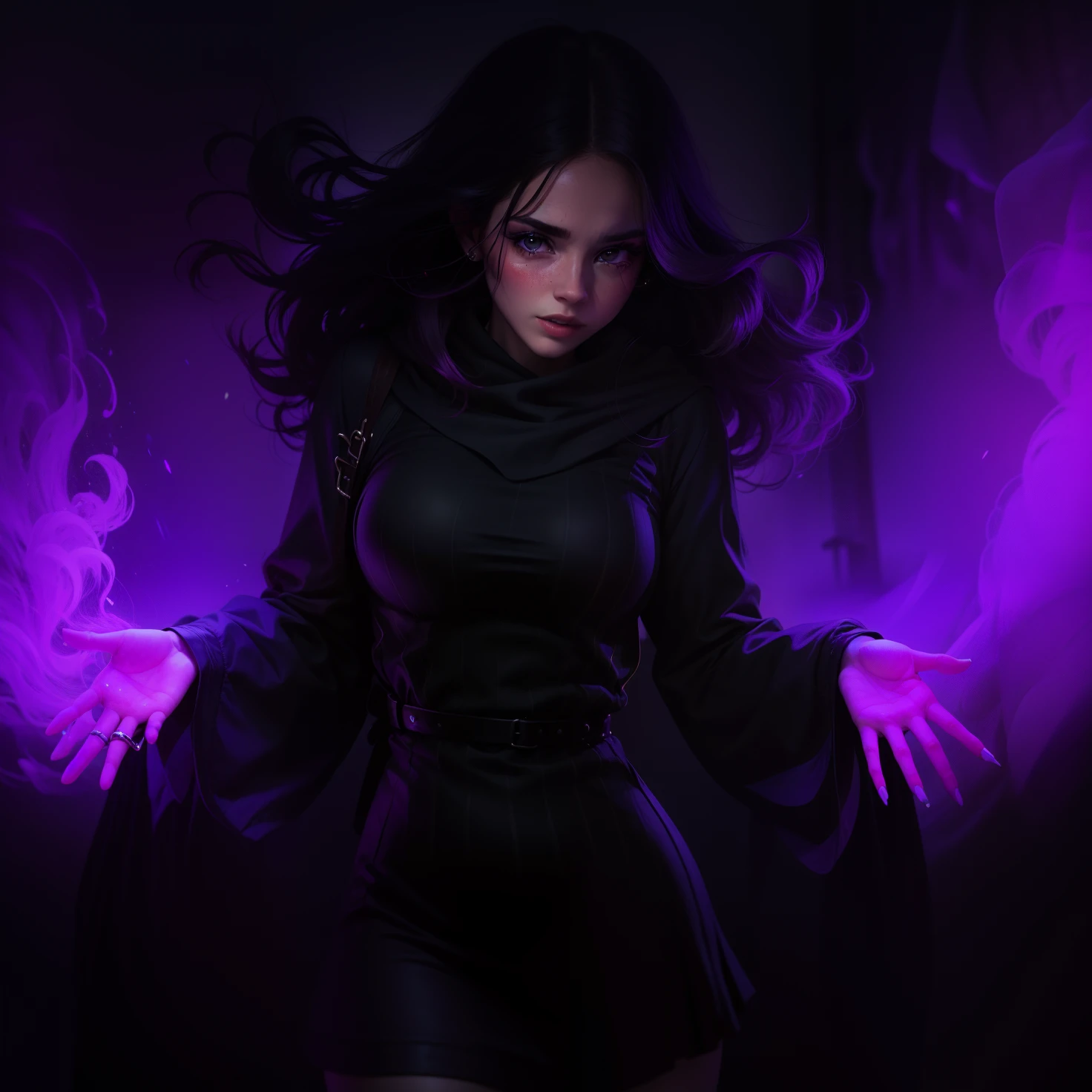 Garota usando magia roxa, olho violeta, violeta brilhante, roupa preta que cobre todo o corpo, Girl unleashing magic with her hands, Power coming out of your hands, black hair swaying in the wind