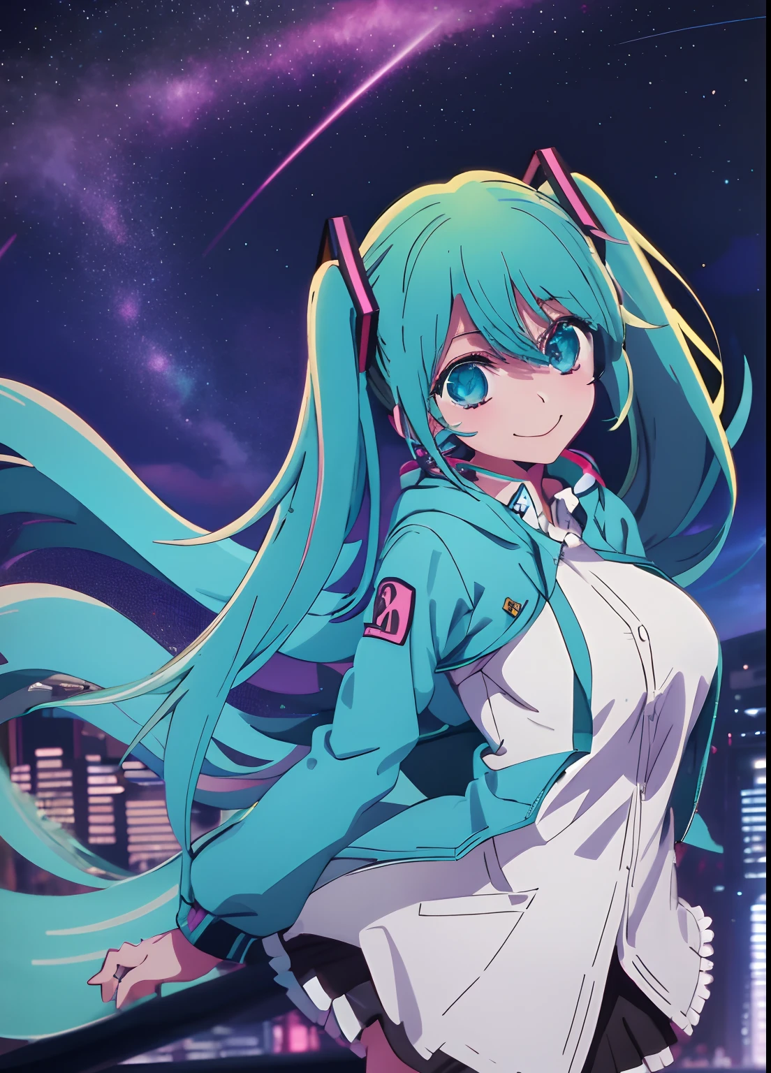 1girl,smile,cowboy shot, Wear a jacket,Big breasts Hatsune Miku,city neon light,looking at the stars