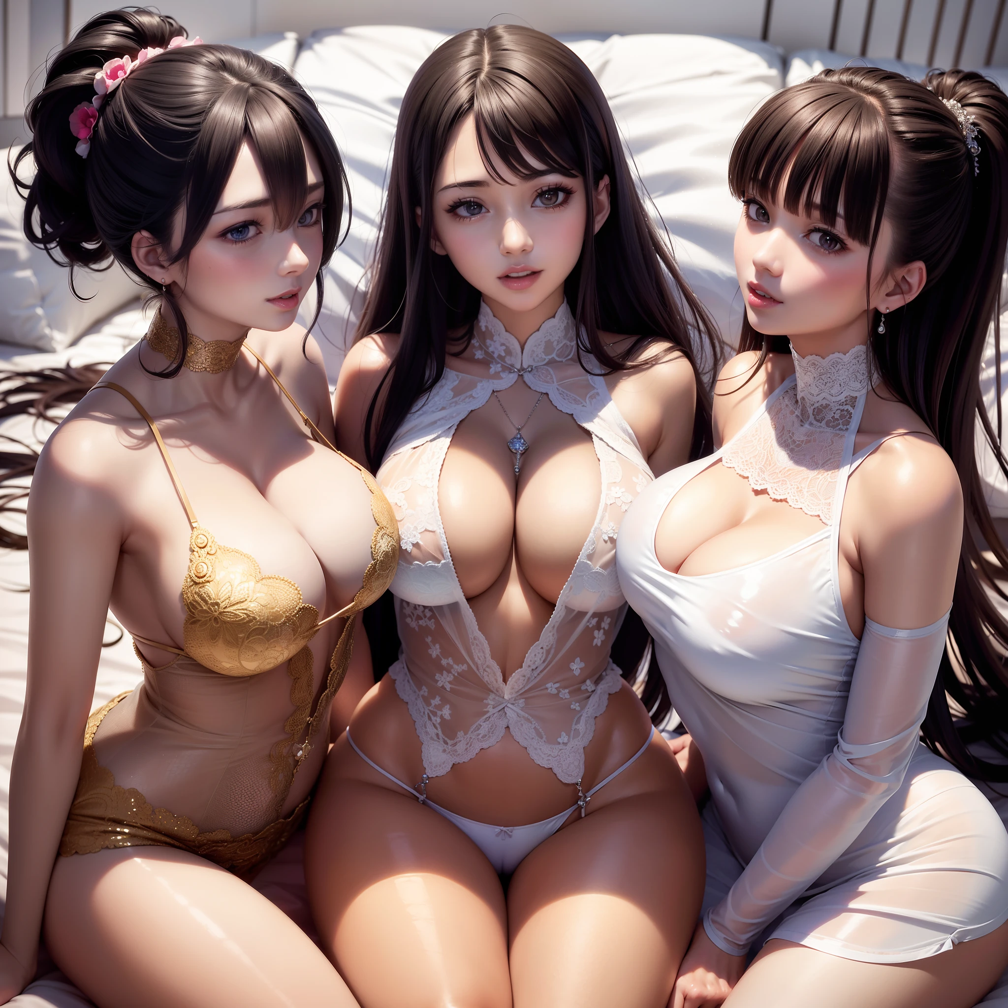 Multiple beauties touching each other, (transparent shirt: 1.2), (open shirt), sleeveless, light clothes, sleeveless, huge breasts, upright breasts Close-up of four women lying on bed posing for photos, surreal full-body figure, beautiful and detailed body and face, gorgeous figure, high ponytail, clear, smiling, moaning, provocative, surreal full-body figure, beautiful and detailed body and face, super vista, looking up, white skin, bright colors, Asian, clothes almost nothing, Blurred areola, buttocks, kissing chest on bed