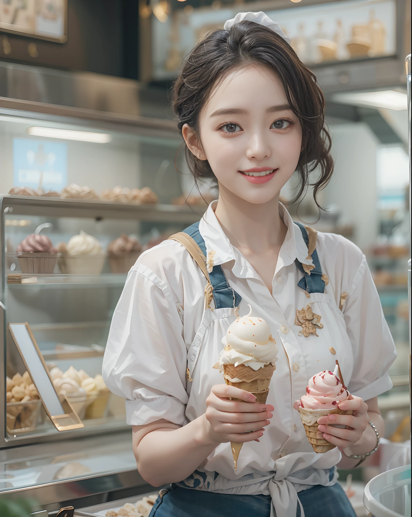 masutepiece、hight resolution、The Ice Cream Shop of the Future、Ice cream shop clerk、30-year-old girl、１Girl clerk、Looking at the camera、smil、Finish as shown in the photo、Soft-serve ice cream and beauty、the skin is white and beautiful、inner colored、Hair should be tied back、