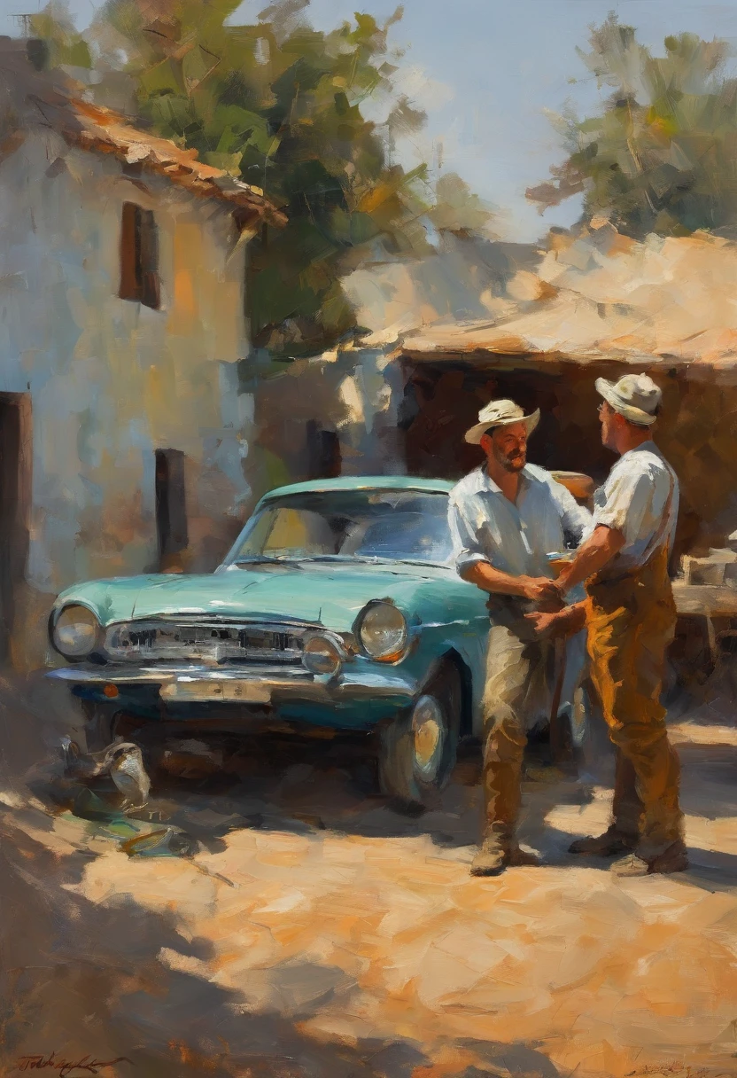 obra prima、qualidade superior、piece、um close-up、com luz brilhante、felicidade、Cool morning sun、(spark:0.7) 、passear、Paisagens dois homens jovens, bonitos trabalhando em um carro em uma garagem, Mechanicalgirl, mechnical, inspect in inventory image, maintenance, advanced technique, editing, automotivo, Directed by: Matias Jama, charismatic young mechanic, ombro na frente pose, Foto de Stock, maintenance photo, conhecimento intenso, trabalho profissional, highly technical, fundo interessante, Shutterstock, Directed by: Oskar Lüthy