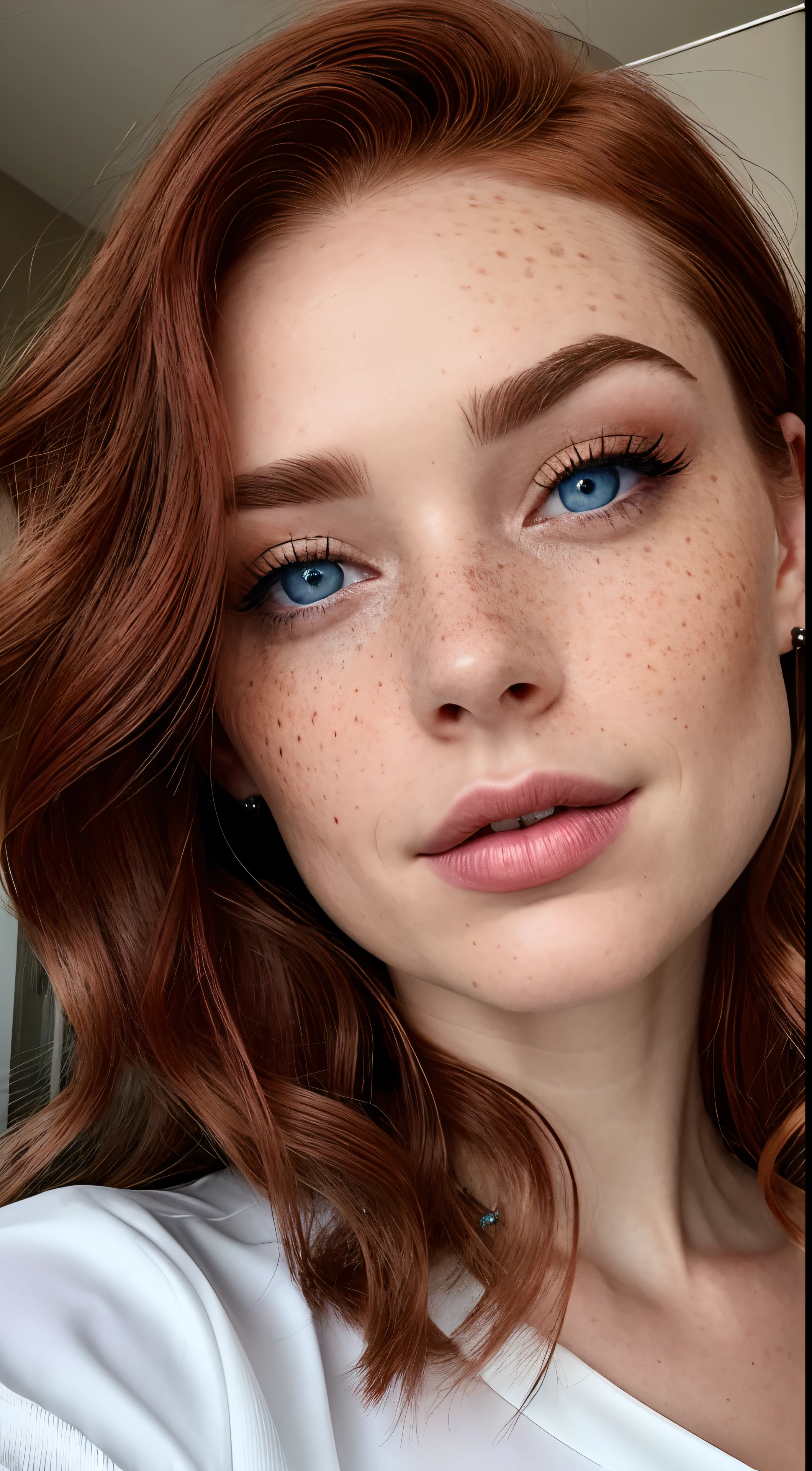 Create a digital portrait of a young woman with striking red hair and piercing blue eyes. Her hair should be styled in loose waves, falling effortlessly down her back. She should have a small, delicate nose and full lips that curve upwards in a warm smile. Her skin should have a healthy, rosy glow, with a smattering of freckles across her cheeks and nose. Her eyes should be a deep, sparkling blue, with long lashes that add to their allure. She should be dressed in a simple yet elegant white blouse, with a high neckline that accentuates her slender neck. The background should be a soft, muted color, allowing the subject to take center stage. The overall mood of the piece should be one of understated elegance and quiet confidence