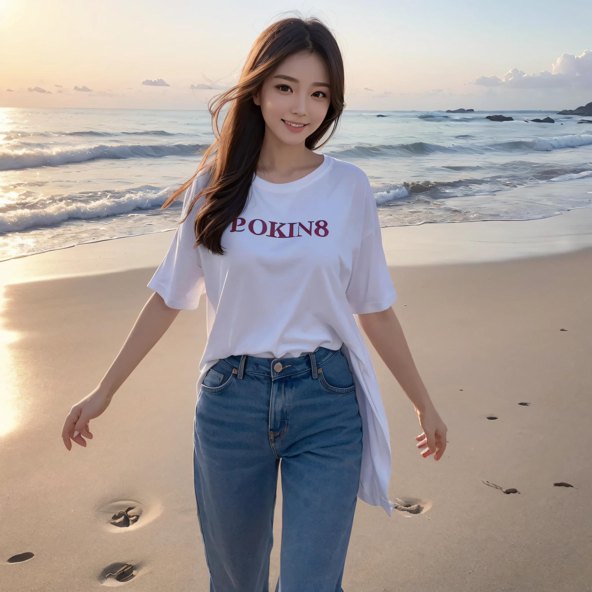 One lady、((best qualtiy、8k masterpieces:1.3))、foco nítido:1.2、(ultra beautiful faces:1.0)、(shinny skin:1.0)、photos realistic、A dark-haired、Video Lighting、High-definition eyes and face、Video Lighting、Japan actress with Korean-style makeup、from the front side、medium breasts、Smile、Slender Abs Beauty、Whole body、wearing t-shirts、On the beach in the morning