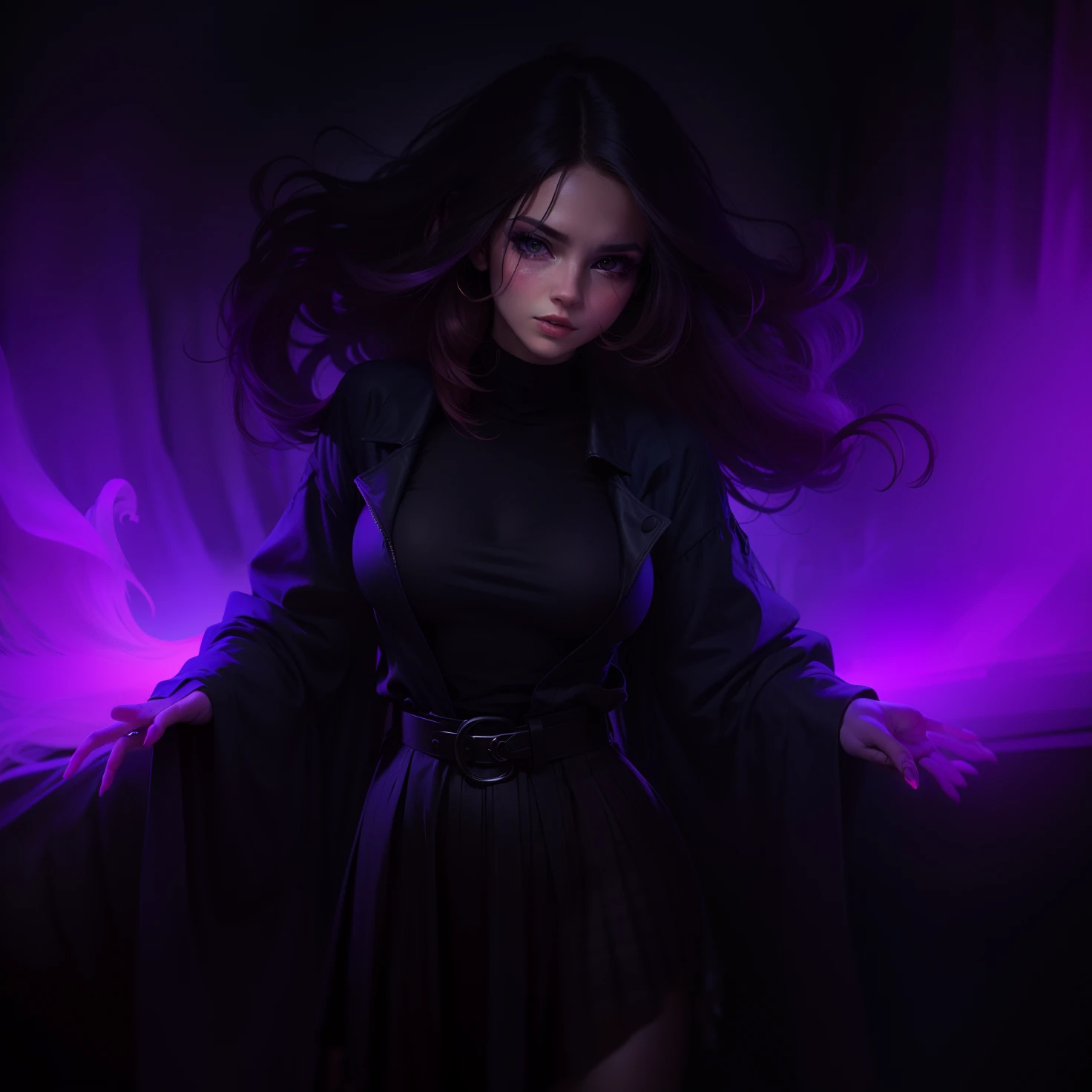 Woman walking head-on down a road at night, with fog and shadows, wavy and long black hair, detailed hand and fingers, high quality, ultra-detailed, 8k, masterpiece, (volumetric lighting), black magic, fanciful, lilac colors, purple, black and vivid shadows on the woman's return. --auto --s2