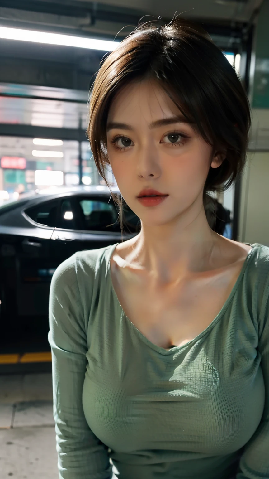 (Extremely detailed, Fine, In the underground car park, Slightly fat, Plump, Big breasts, Big breasts, M cups, Delicate face, Pale green crewneck dress, Large aperture, Close-up of people, makeup (1.3))