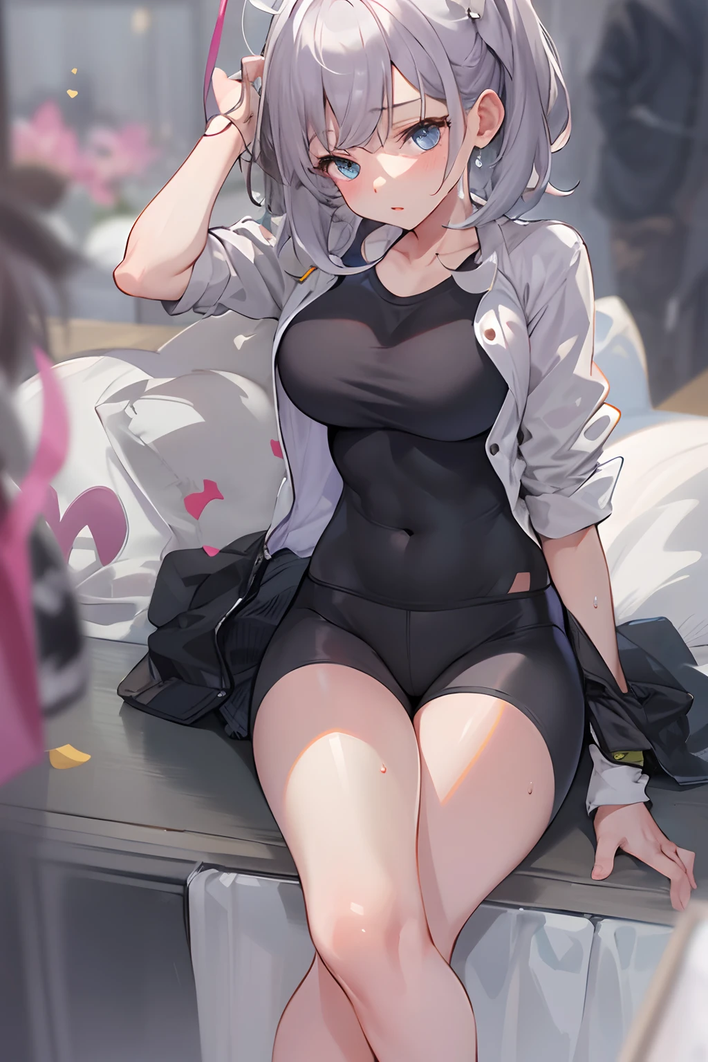 Beautiful, (masterpiece), (top quality), perfect eyes, perfect face, perfect light, one woman, multicolored hair, (white hair with light red tips), big round eyes, light red eyes, (slim), bright white skin, narrow shoulders, large chest, large hips, big full thighs, slender beautiful legs, short bob hair with see-through bangs, wearing a black collar, white t-shirt, black shoulder strap, gray leather belt with a gold buckle, short black skirt, long black stockings, shiny black high-heeled boots, adorned with a four-pointed gold star hairpin, plain background.