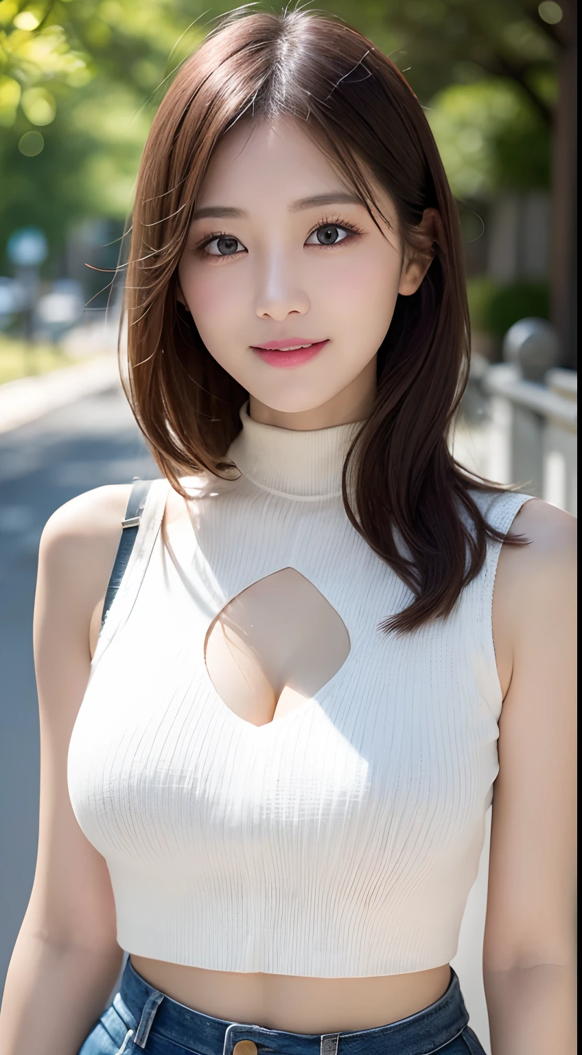 (((best image quality、highest quality、At 32K、ticker、RAW photo、very clear image、very clear image quality、realistic、High resolutionの生のカラー写真, professional photos,Super detailed, Highly detailed CG unity 32k wallpaper, photo-realistic, RAW photo, beautiful detailed face, full body shot)))、table top, highest quality, Photoreal, finely, High resolution, 8k wallpaper, perfect dynamic composition, beautiful and detailed eyes, medium hair, big and full breasts, random sexy pose,chest to chest、(Open Chest Mock Neck Crop Tank Top White Knitwear Clear Clave)、(Breast bulge 1.2)、laughter、open your mouth、resort scenery、25 years old、(droopy eyes 1.4)、Adult beauty、Japanese