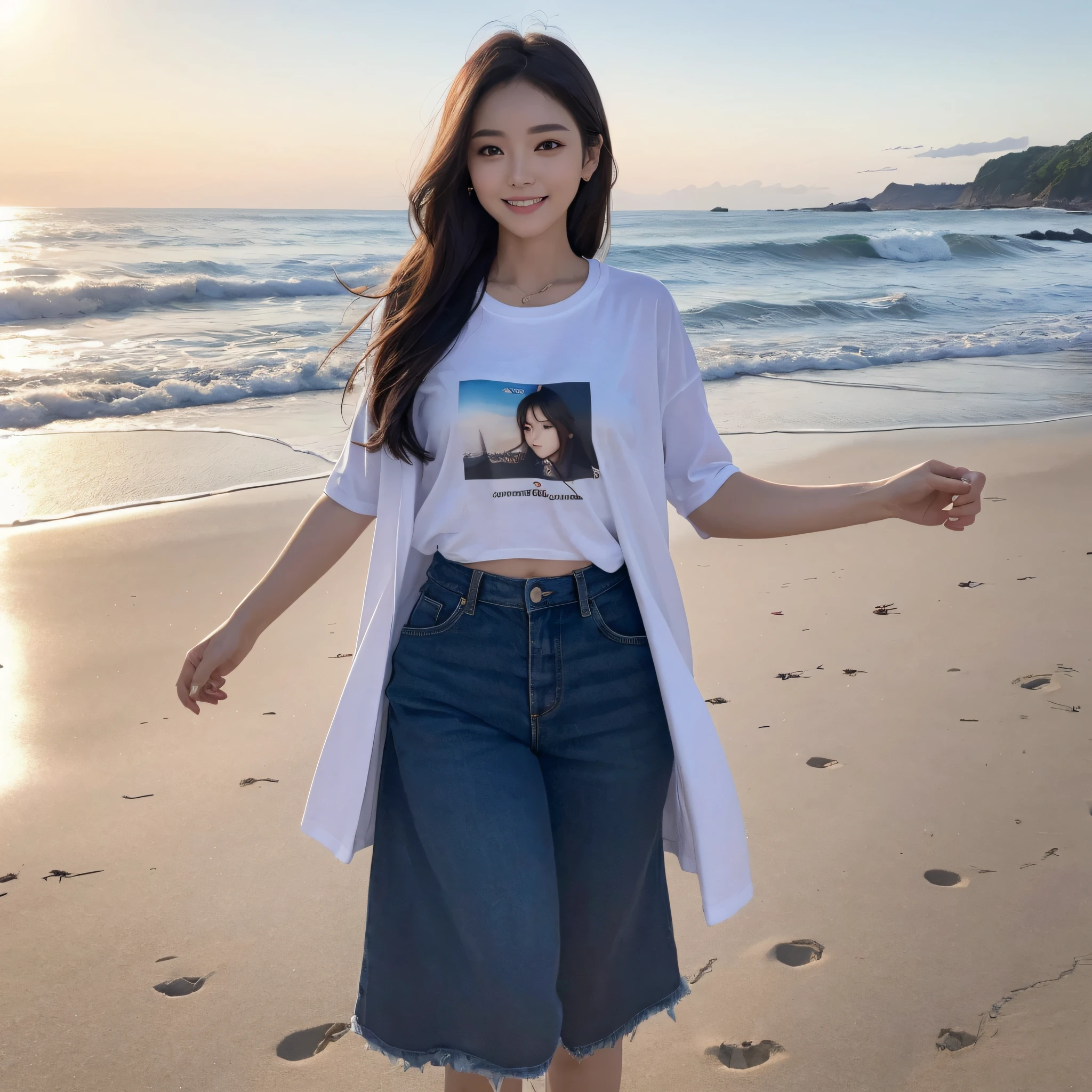 One lady、((best qualtiy、8k masterpieces:1.3))、foco nítido:1.2、(ultra beautiful faces:1.0)、(shinny skin:1.0)、photos realistic、A dark-haired、Video Lighting、High-definition eyes and face、Video Lighting、Japan actress with Korean-style makeup、from the front side、medium breasts、Smile、Slender Abs Beauty、Whole body、wearing t-shirts、On the beach in the morning