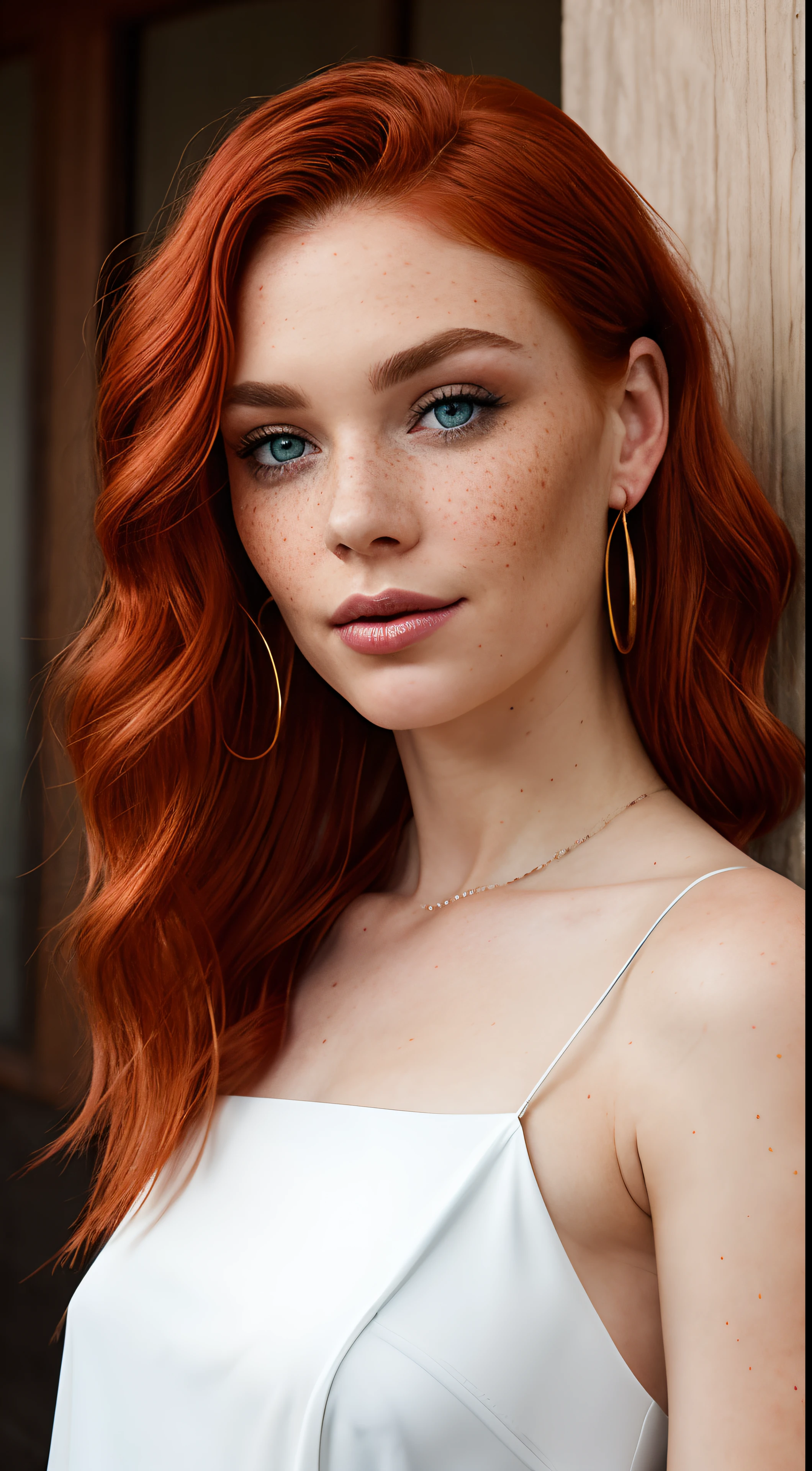 Create a digital portrait of a young woman with striking red hair and piercing blue eyes. Her hair should be styled in loose waves, falling effortlessly down her back. She should have a small, delicate nose and full lips that curve upwards in a warm smile. Her skin should have a healthy, rosy glow, with a smattering of freckles across her cheeks and nose. Her eyes should be a deep, sparkling blue, with long lashes that add to their allure. She should be dressed in a simple yet elegant white blouse, with a high neckline that accentuates her slender neck. The background should be a soft, muted color, allowing the subject to take center stage. The overall mood of the piece should be one of understated elegance and quiet confidence