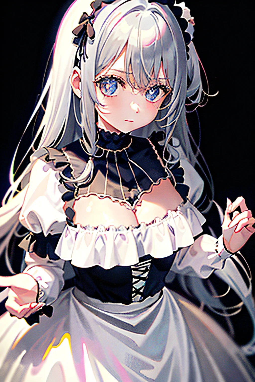 1girl，，Lori huge breasts cleavage，Silvery hair，dual horsetail，Poor milk，curlies，Gothic Lolita costume，white backgrounid，Set the chart。