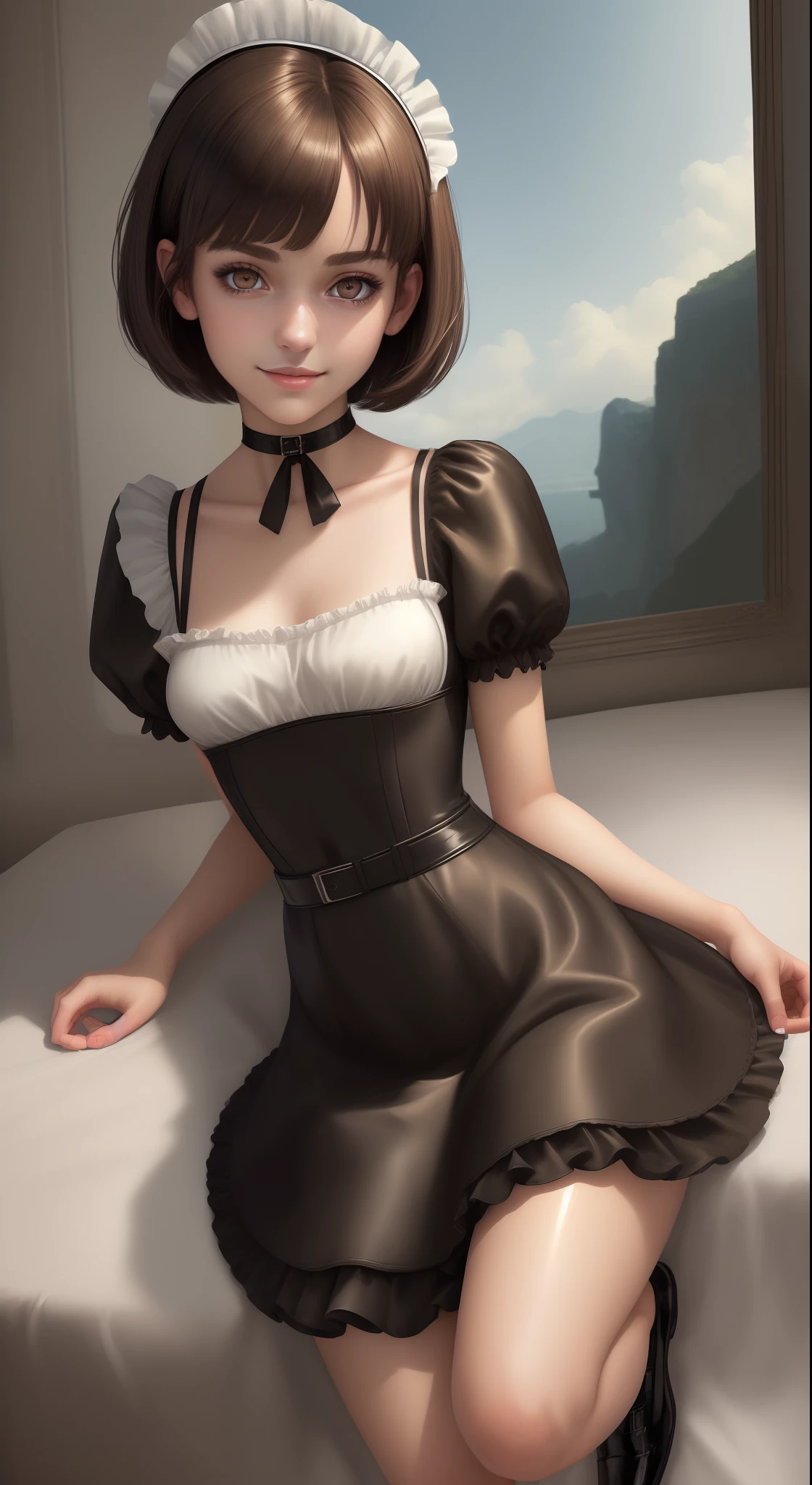 (masterpiece:1.3),(best quality:1.4),ultra high res,(detailed eyes),(detailed facial features),(detailed clothes features),HDR,8k resolution, solo focus, bangs, skin tight, (shiny skin),(slender girl),dreamlike,
(extreme detailed illustration),check commentary,commentary request,scenery,no text,
VirtualGirl-Rin, happy, smile, (small breasts), bangs, bob hair, short hair, brown hair, brown eyes, black choker,
1girl, (solo),
sexy Maid, Maid hair band,Maid dress,Maid apron,Maid skirt,Maid stockings,black leather shoes,