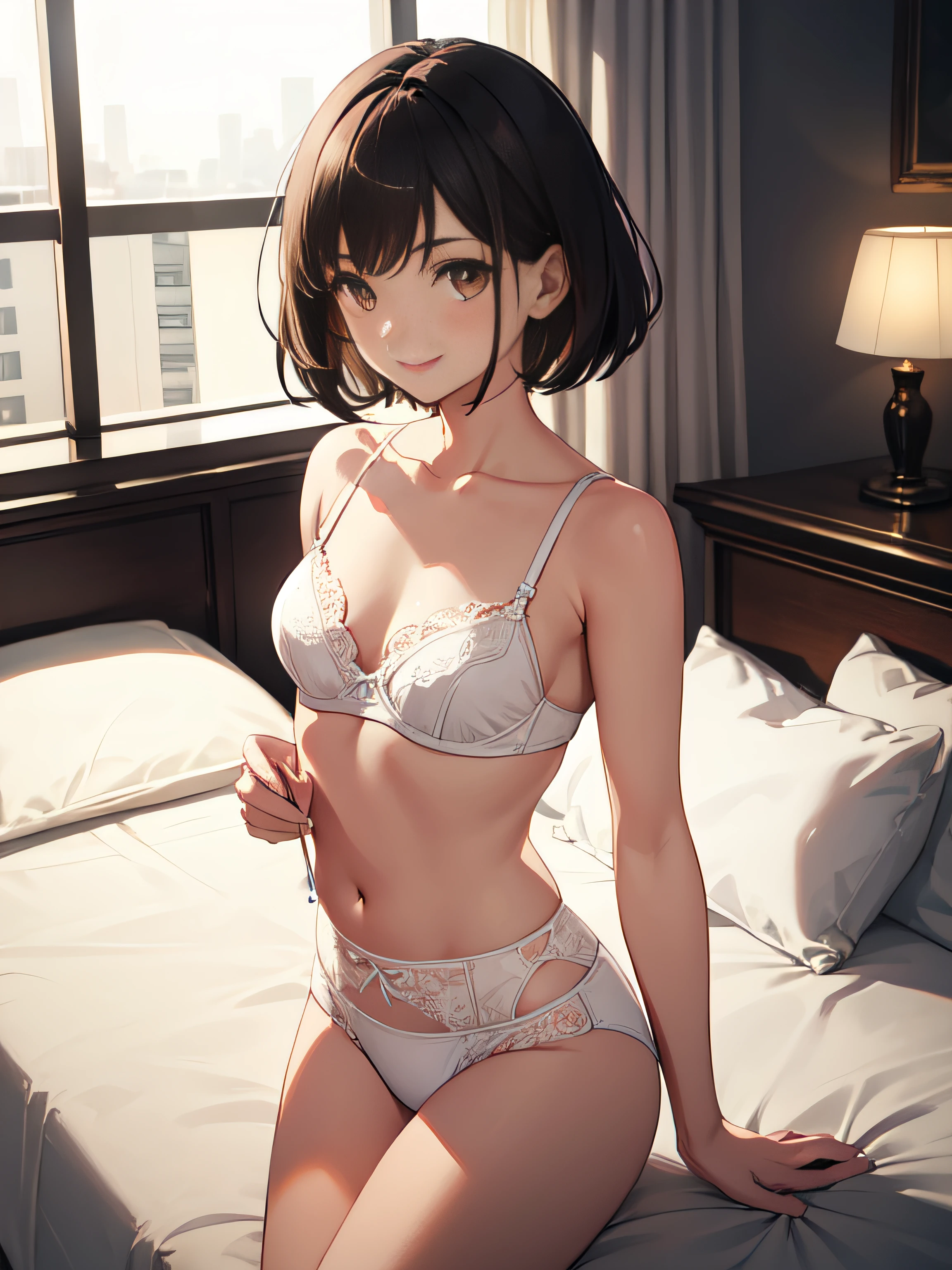 1girll,23years old,Pure,A shy smile,Apricot eyes,brunette color hair,Dark eyes,Short hair, Short hair,The feeling of a good wife and a good mother,Small nose bridge,,pure white lingerie,lace edge,plumw,Cosmopolitan beauty,slightly rounded face,Fashionab,Hotel room,Flushed,Flushed face,dolce,Pure,Meek,Dimly lit,Large chest