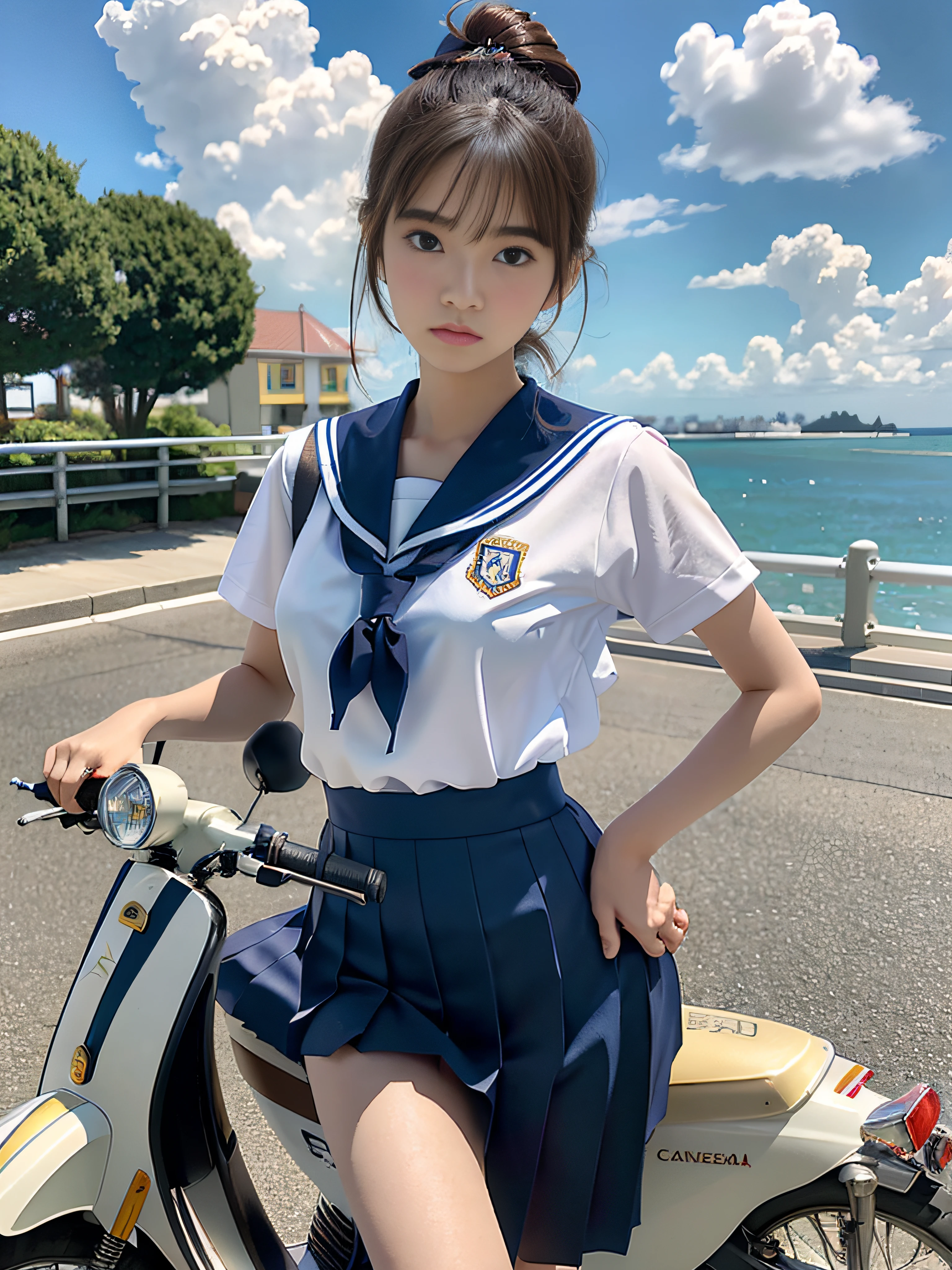 girl riding a bicycle in school yard,white sailor shirt,navy blue micro-mini-skirt,knapsack,18-year-old,bangs,a little smile,thighs,knees,short cut hair,low ponytail,from below,front-lighting