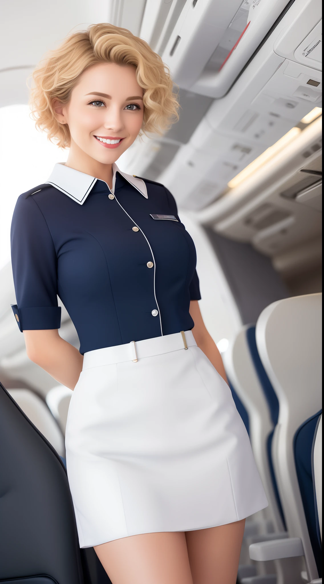 (White flight attendant uniform),view the viewer,Smiling,cheerfulness,Short curly blonde hair, standing, inside airplane,