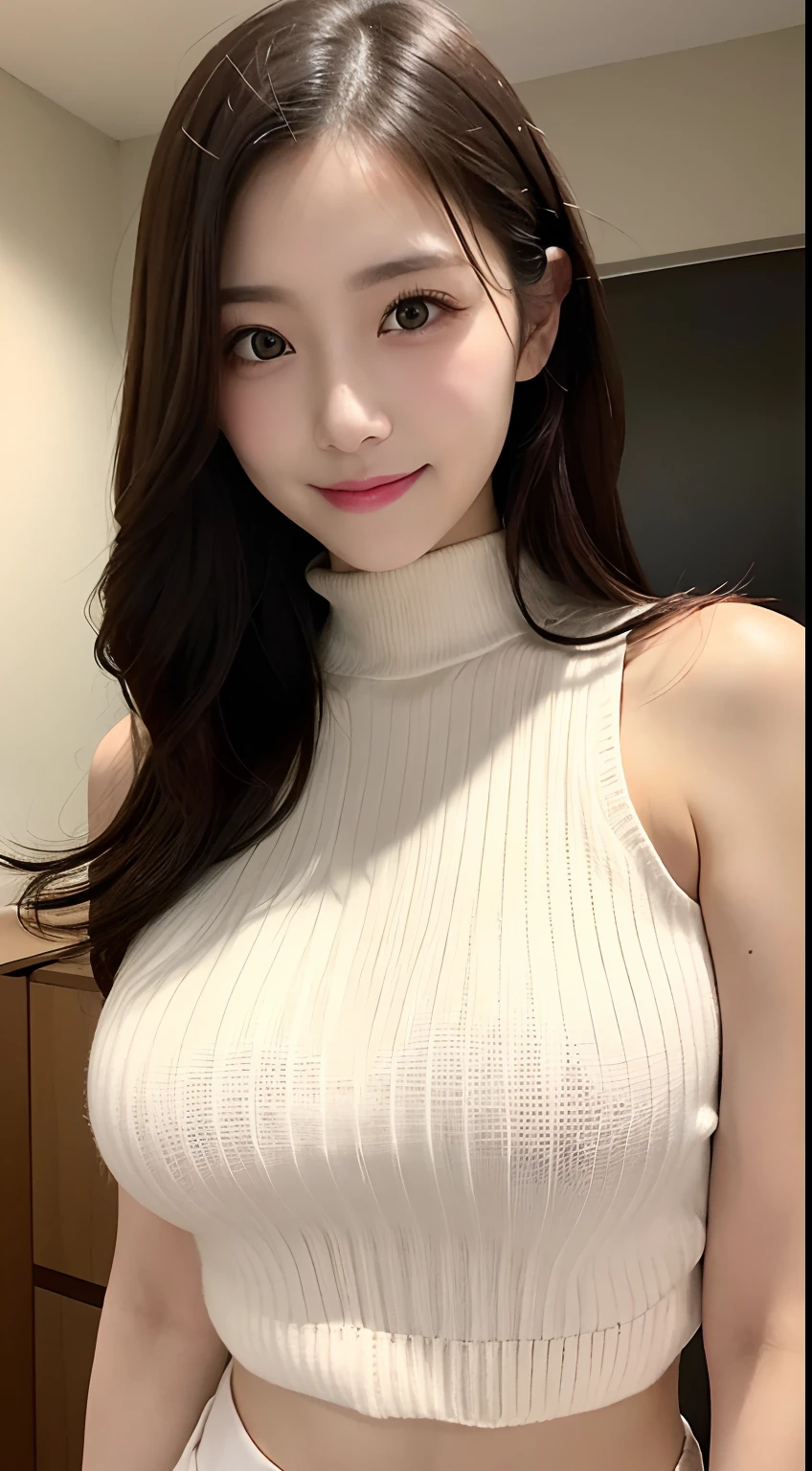 masutepiece, Best Quality, Photorealsitic, finely detail, hight resolution, 8K Wallpapers, Perfect dynamic composition, Beautiful detailed eyes, Medium Hair, large full breasts, Random and sexy poses,Bring your chest together、(Mock Neck Crop Tank Top White Knitwear with Cleavage Looking Real)、(Breast bulge 1.2)、A smile、open open mouth、Resort scenery、23years old、(Drooping eyes 1.4)、Adult beauty、japanes