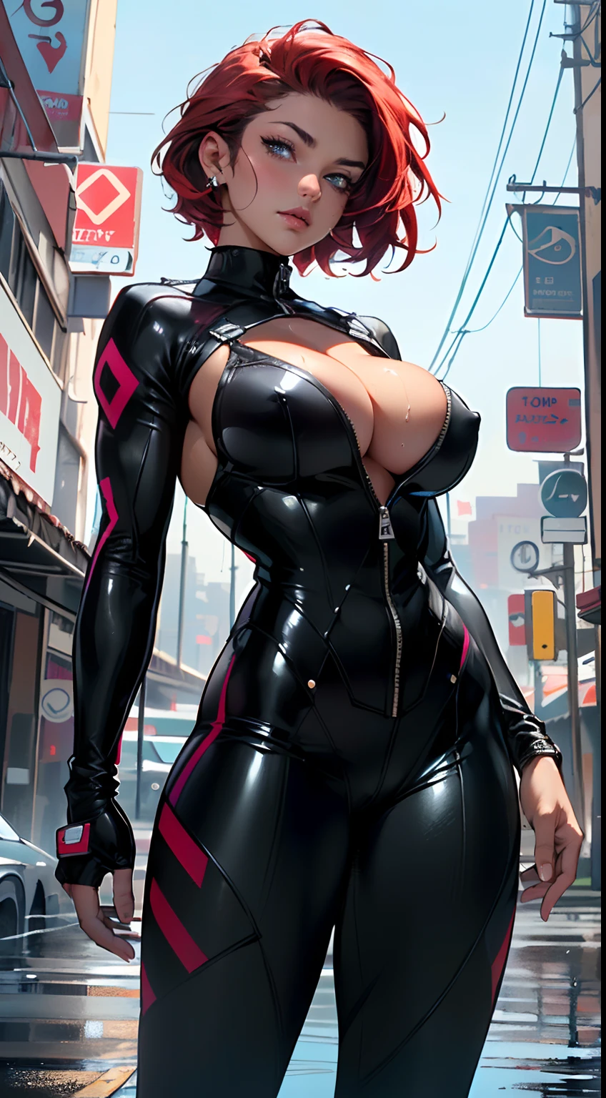 mechanical girl,(1girl: 1.3),((1 black girl with extremely cute and beautiful red hair)),((((black race)))),

(big breasts: 1.4),sagging breasts,(((short red hair: 1.35,cropped,redhead,very short hair))),(((heterochromia:1.5,eye1 red,eye2 white))),intricate eyes,beautiful detailed eyes,symmetrical eyes,(fat: 1.2),((((tan,dark skin,black skin:1.35,dark-skinned_female,dark skin:1.3,ebony skin,lustrous skin:1.5,bright skin: 1.5,shiny skin,very shiny skin,shiny body,illuminated skin,wet legs)))),(spider lower abdomen,narrow waist,wide hip ,athletic body,inflated legs,delicate and detailed fingers,detailed body,(detailed face)),(((muscle legs,muscular thighs,muscular girl))),((strong and muscular,bodybuilder,strong body,muscular,feminine and muscular,ABS)),(huge stature,tall stature,very tall girl),

cute,slutty,sensual,seductive look,seductive,erotic,enchanting,((nsfw)),

(fitted overalls: 1.3,suit unbuttoned),((mechanical tools on his clothing)),(((huge cleavage))),((wet clothes,intricate outfit,intricate clothes)),

(dynamic pose:1.0),embarrassed,(centered,scale to fit dimensions,Rule of thirds),

cyberpunk city by the ocean at night, with bright neon signs and dark stormy clouds and puddles, scenery:1.25,

artistic photography,(photography taken by sldr),highres, sharp focus, (ultra detailed, extremely detailed), (photorealistic artwork:1.37),(extremely detailed CG unity 8k wallpaper),((synthwave background theme)),(((vibrant colors))),(intricate background),(masterpiece),(best quality),