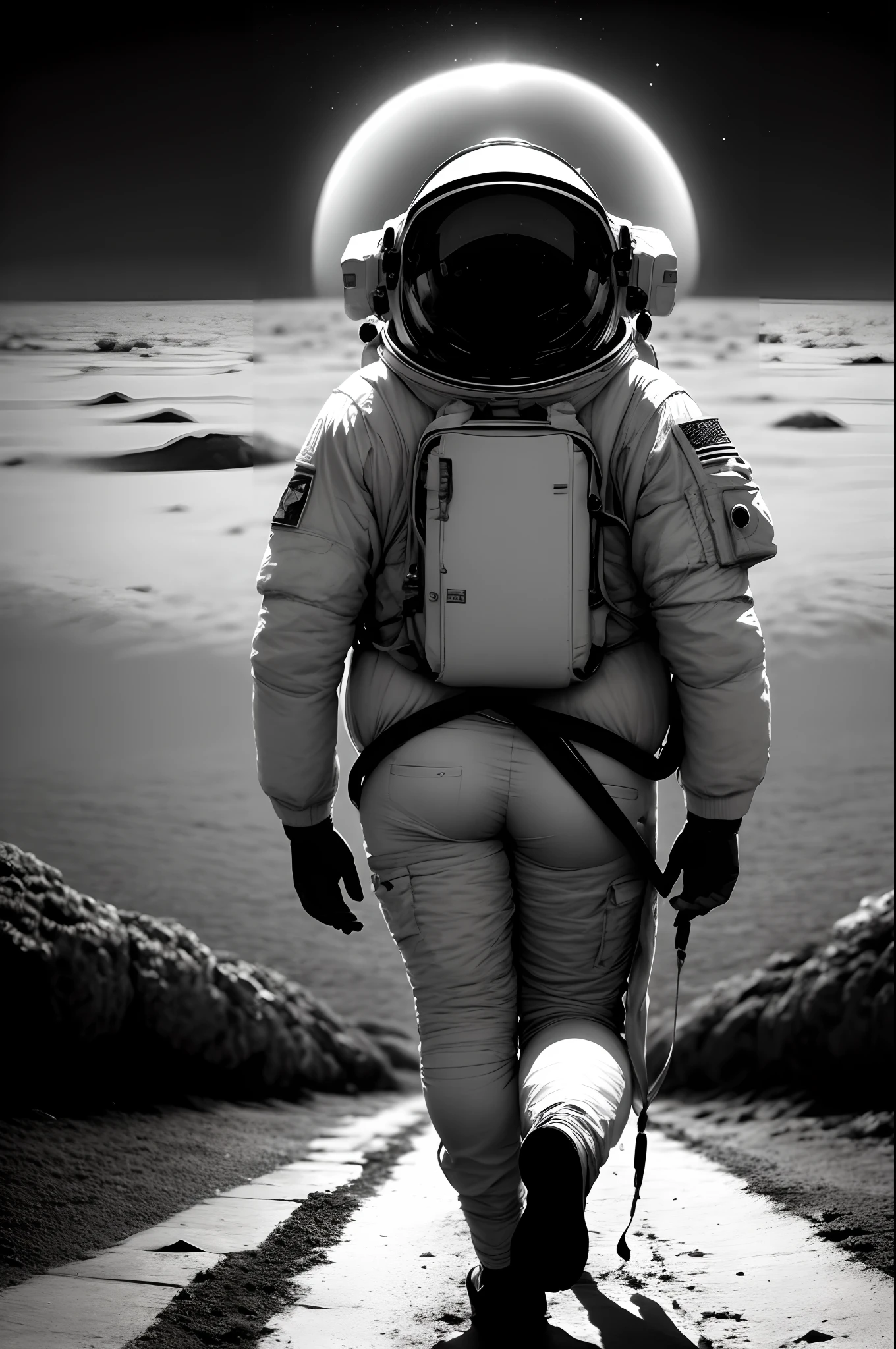 An astronaut walking there moon, vista de baixo (Rear view)