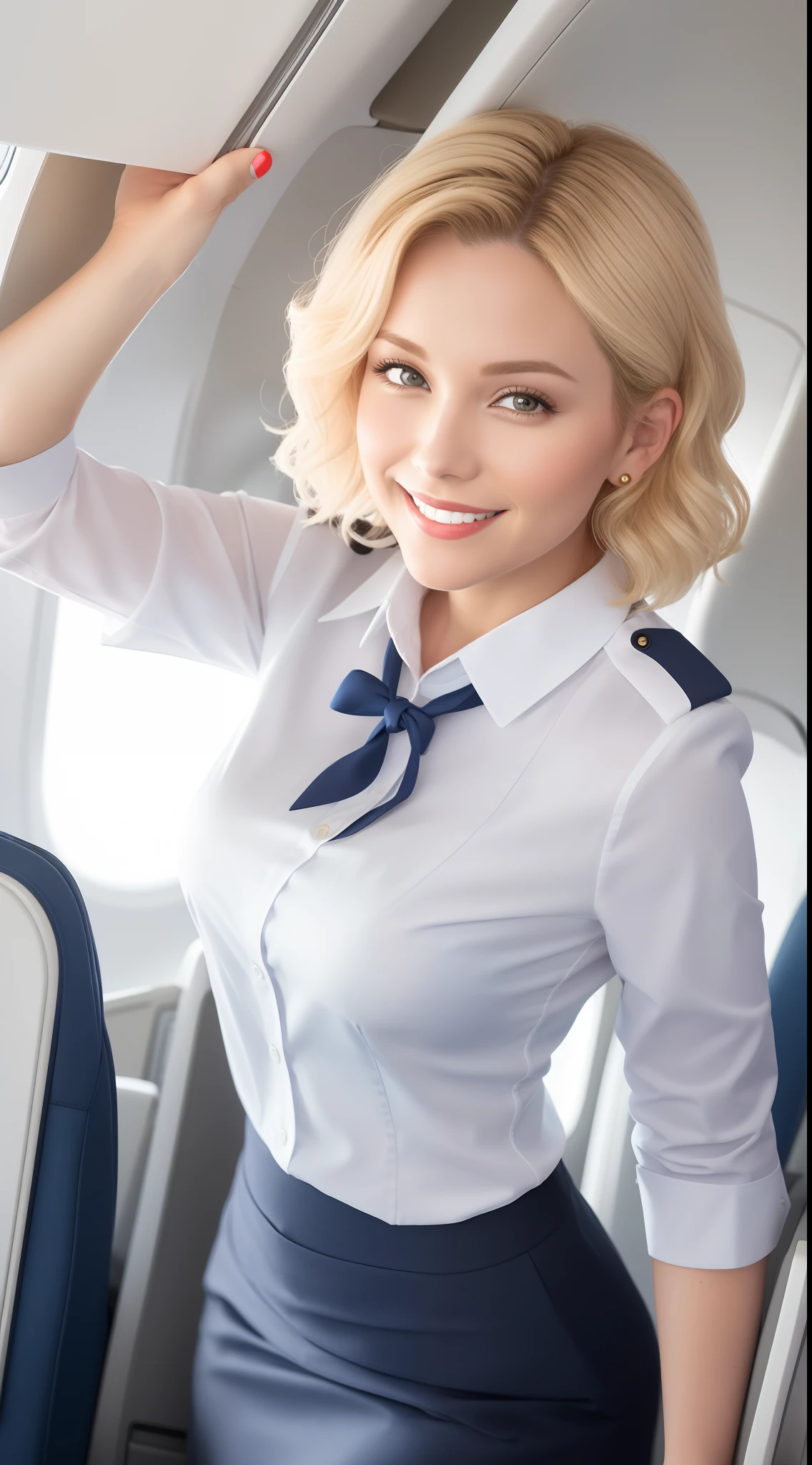 (white flight attendant uniform),looking at viewer,smiling,happy,curly blond short hair, standing, inside the airplane,