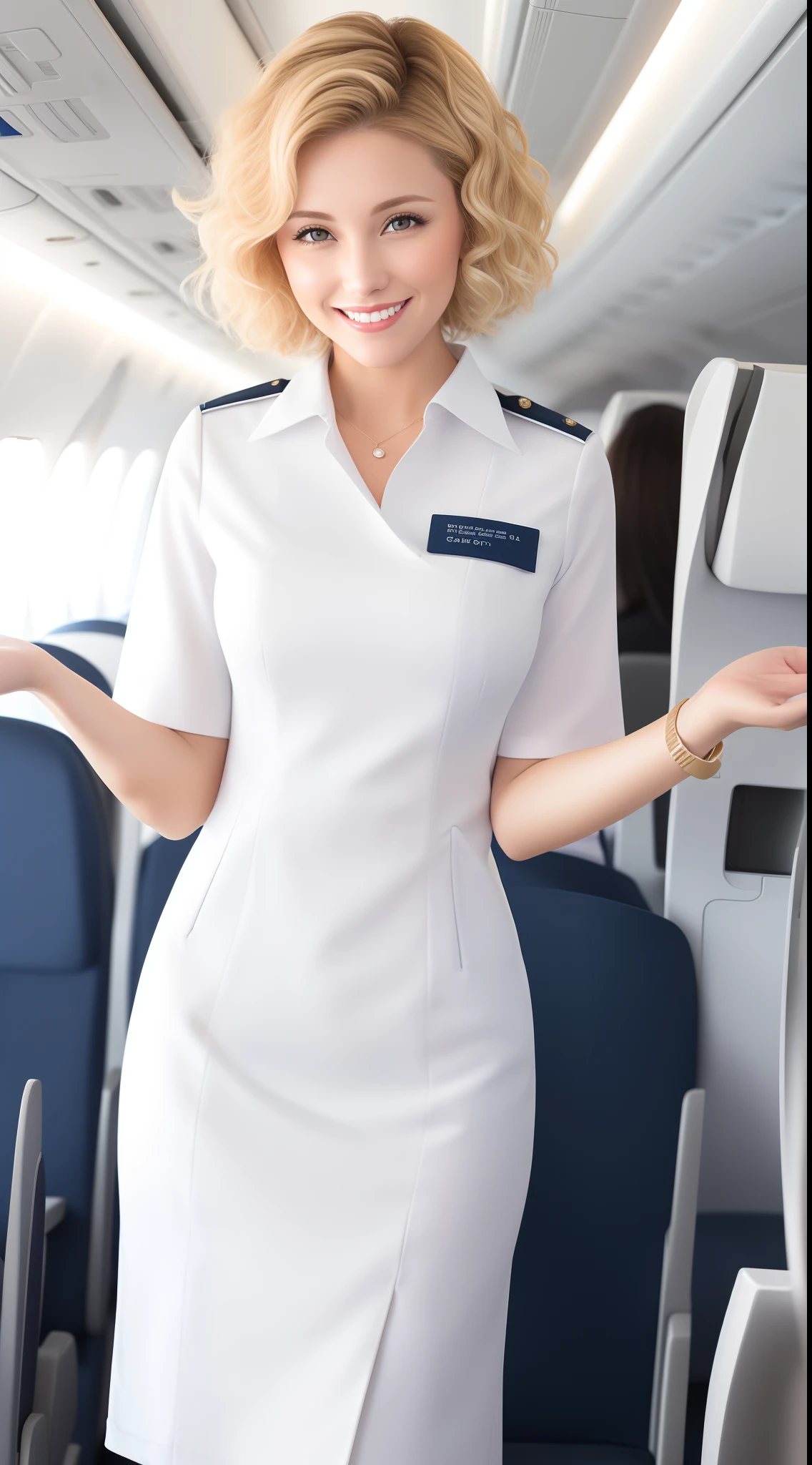 (White flight attendant uniform),view the viewer,Smiling,cheerfulness,Short curly blonde hair, standing, inside airplane,