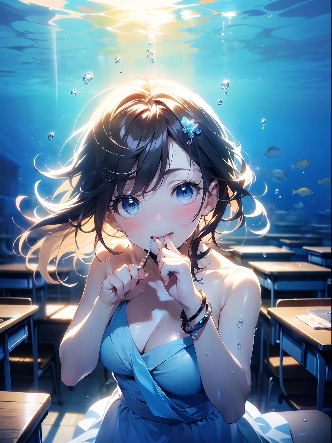 1个Giant Breast Girl,A high resolution,looking at viewert,Ambient lighting,Open-mouthed,Watery eyes,(CRIT),(brunette color hair),long whitr hair,Bracelet,Hair rings,ear studs,(Put your hand to your mouth),(Classroom),(((Backlight))),((partial underwater shot)),((first person perspective))