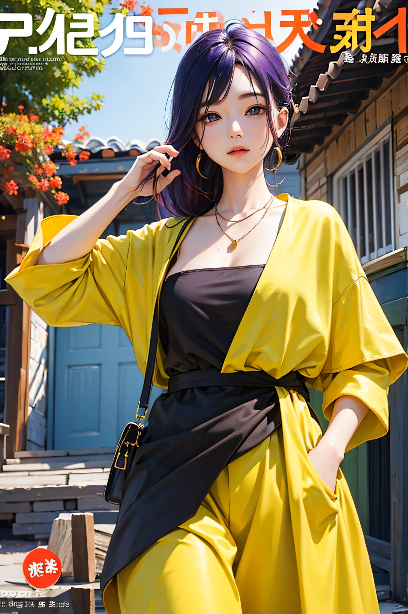 masterpiece、top-quality、Autumn costume、colourful hair、outside of house、Magazine covers、The upper part of the body、