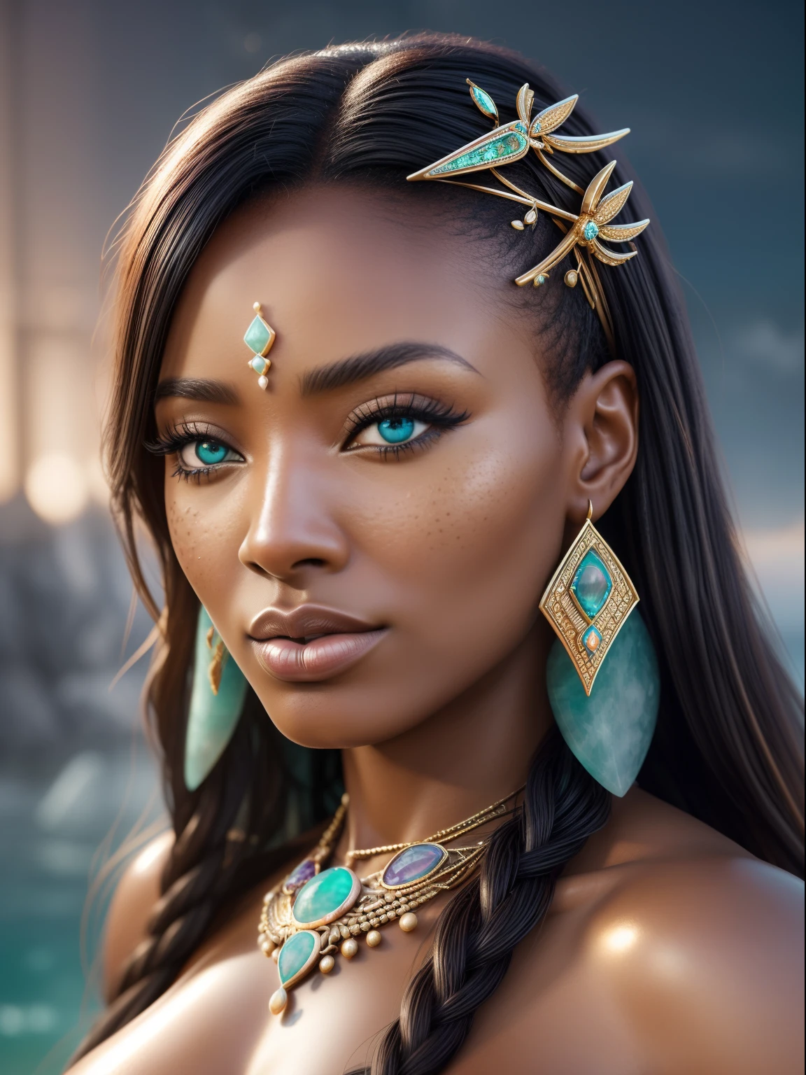 hyper realistic, ultra detailed photograph of a barbarian woman, look like Naomi Campbell as African American, ((honey eyes)), ((Jade ocean:1.25)), golden jewelry, shiny, sunlight fractal details, (Anna Steinbauer:1.5), depth of field, HOF, hall of fame, detailed gorgeous face, apocalyptic environment, natural body posture, professional photographer, captured with professional DSLR camera, trending on Artstation, 64k, ultra detailed, ultra accurate detailed, bokeh lighting, surrealism, Thomas Kinkade background, urban, ultra unreal engine, ((Pauline Voß)), ((Pascal Quidault)), ((Anna Helme)), Martina Fackova, intricate, epic, freckles, peach fuzz, detailed mascara