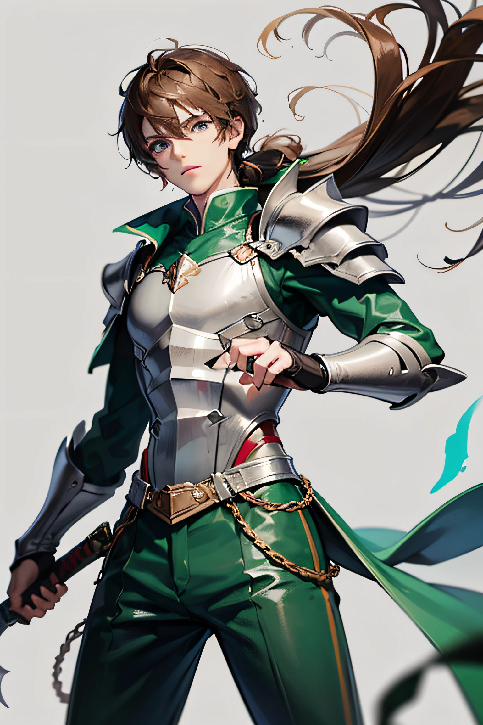male adventurer making a striking pose, holding one sword in each hand, holding a short sword, holding a sword made of energy, wearing a grey leather armor, wearing green pants, long hair, brown hair, blue eyes, best quality