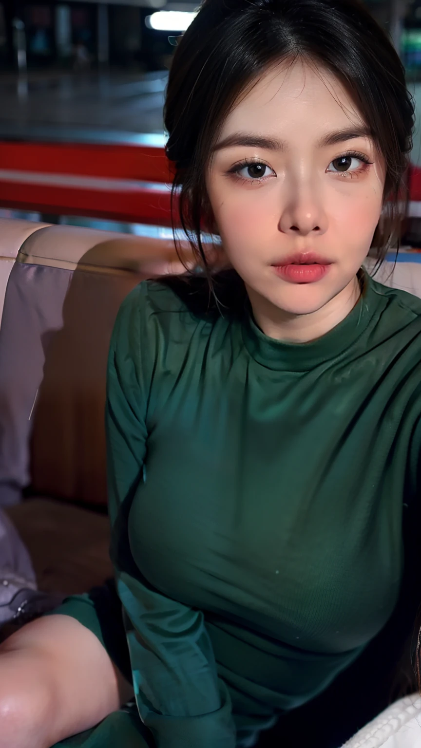 Exposed nipples、Air Force Pilot、Runway、Planes、sunset view from airplane cockpit、dark green flight suit、High exposure、Photorealistic images of solo idols, Morning Musume inspired by Eri Kamei, Radiates charm and beauty with plenty of bust and subtle exposure of cleavage. The image is、Must reflect a real person of the highest quality, Powered by Ultra-HD (16 K) resolution, crisp detail, Vivid colors, Dynamic Range, Soft bokeh, Fine texture, Realistic realism, Pin Sharp Focus. Lighting is、The camera setup is、Nikon D850 and NIKKOR Z 58mm Boobs Boobs Boobs Boobs F。/0.95 S Noct lens,  The setting must be ISO 64, F/0.95, Shutter speed is 1/60. --ar 16:9 - V5.1 --Style raw --Q 2 --S 750