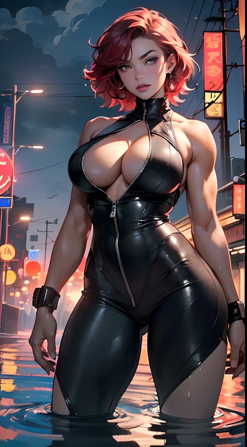 mechanical girl,(1girl: 1.3),((1 black girl with extremely cute and beautiful red hair)),((((black race)))),

(big breasts: 1.4),sagging breasts,(((short red hair: 1.35,cropped,redhead,very short hair))),(((heterochromia:1.5,eye1 red,eye2 white))),intricate eyes,beautiful detailed eyes,symmetrical eyes,(fat: 1.2),((((tan,dark skin,black skin:1.35,dark-skinned_female,dark skin:1.3,ebony skin,lustrous skin:1.5,bright skin: 1.5,shiny skin,very shiny skin,shiny body,illuminated skin,wet legs)))),(spider lower abdomen,narrow waist,wide hip ,athletic body,inflated legs,delicate and detailed fingers,detailed body,(detailed face)),(((muscle legs,muscular thighs,muscular girl))),((strong and muscular,bodybuilder,strong body,muscular,feminine and muscular,ABS)),(huge stature,tall stature,very tall girl),

cute,slutty,sensual,seductive look,seductive,erotic,enchanting,((nsfw)),

(fitted overalls: 1.3,suit unbuttoned),((mechanical tools on his clothing)),(((huge cleavage))),((wet clothes,intricate outfit,intricate clothes)),

(dynamic pose:1.0),embarrassed,(centered,scale to fit dimensions,Rule of thirds),

cyberpunk city by the ocean at night, with bright neon signs and dark stormy clouds and puddles, scenery:1.25,

artistic photography,(photography taken by sldr),highres, sharp focus, (ultra detailed, extremely detailed), (photorealistic artwork:1.37),(extremely detailed CG unity 8k wallpaper),((synthwave background theme)),(((vibrant colors))),(intricate background),(masterpiece),(best quality),
