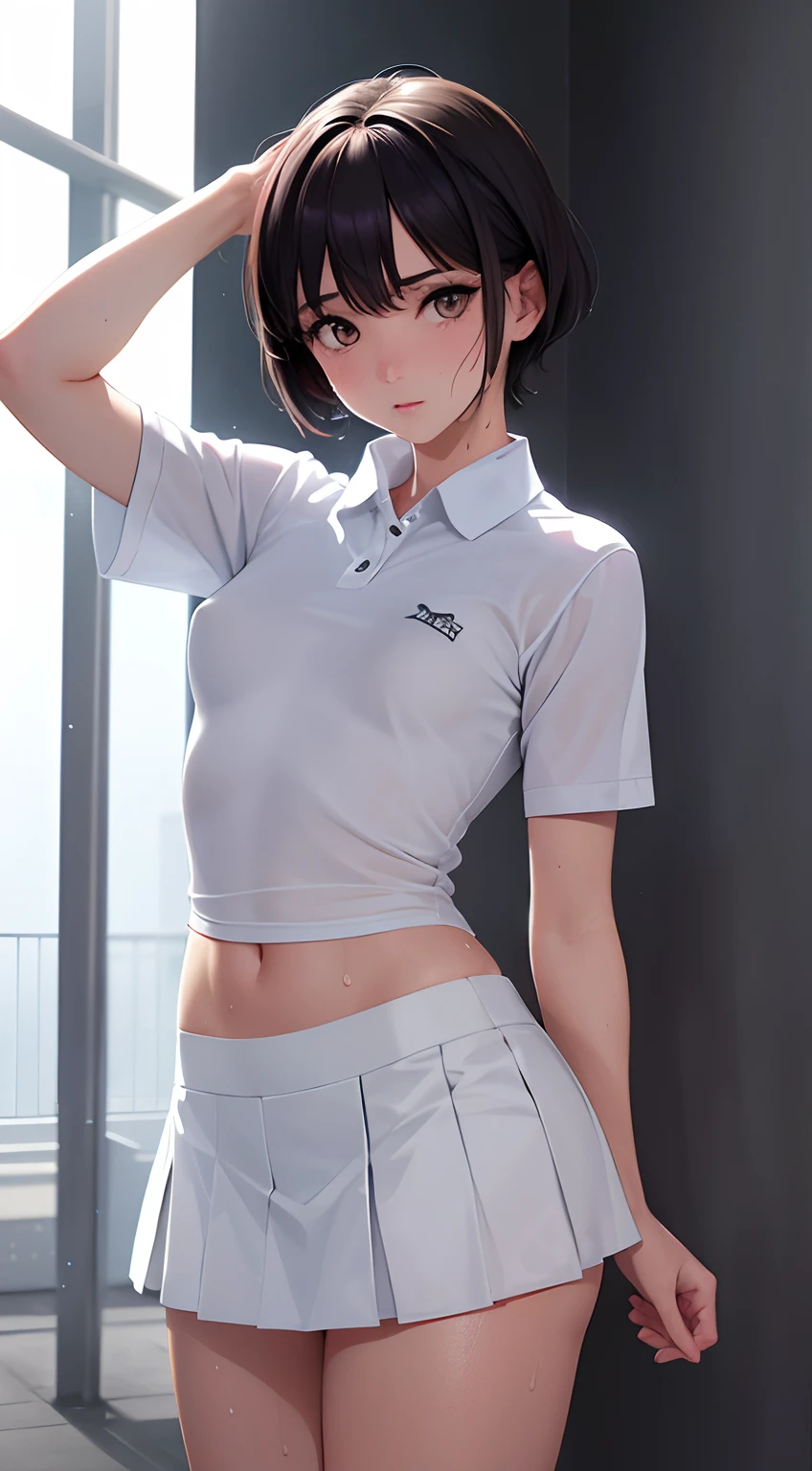 1girl, solo, white polo shirt, white sneakers, tennis wear, white miniskirt, masterpiece, best quality, realistic, hyper-detailed, (shiny skin, sweaty:1.4), absurd, looking at viewer, short black hair, brown eyes, slender, dynamic lighting, high resolution, sharp focus, depth of field, detailed eyes, sharp pupils, realistic pupils, (small breasts:1.6), (thick thighs:1.0), outdoor, sky