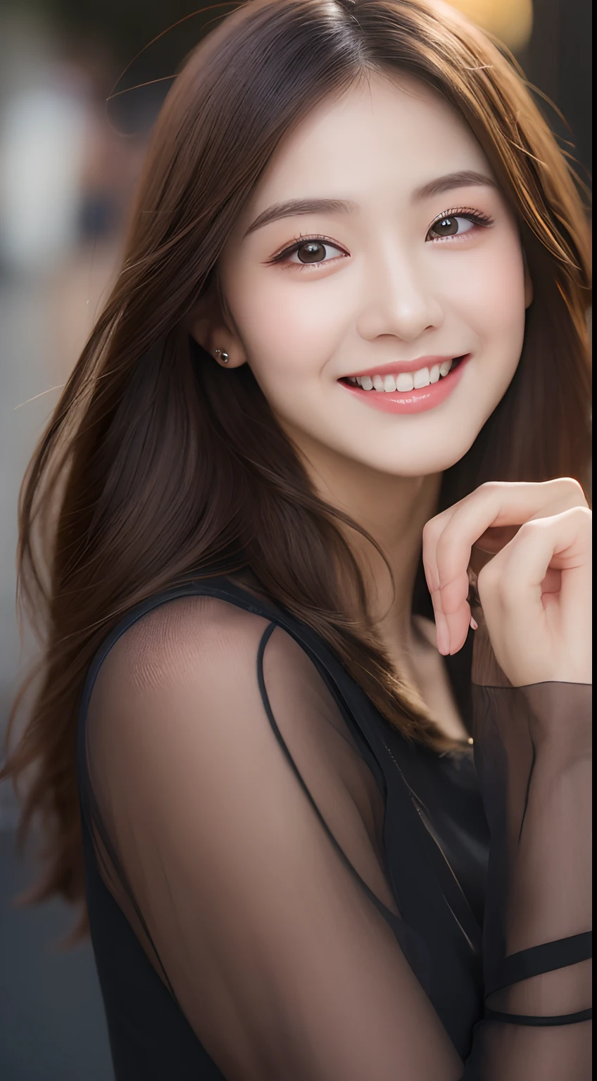 ((Best quality, 8k, Masterpiece :1.3)), 1girl, smiling, full body, slim face, Pretty woman, (Dark brown hair), full length dress :1.1, Ultra-detailed face, Detailed eyes, Double eyelid, blur background, slim face, city, outside, street,