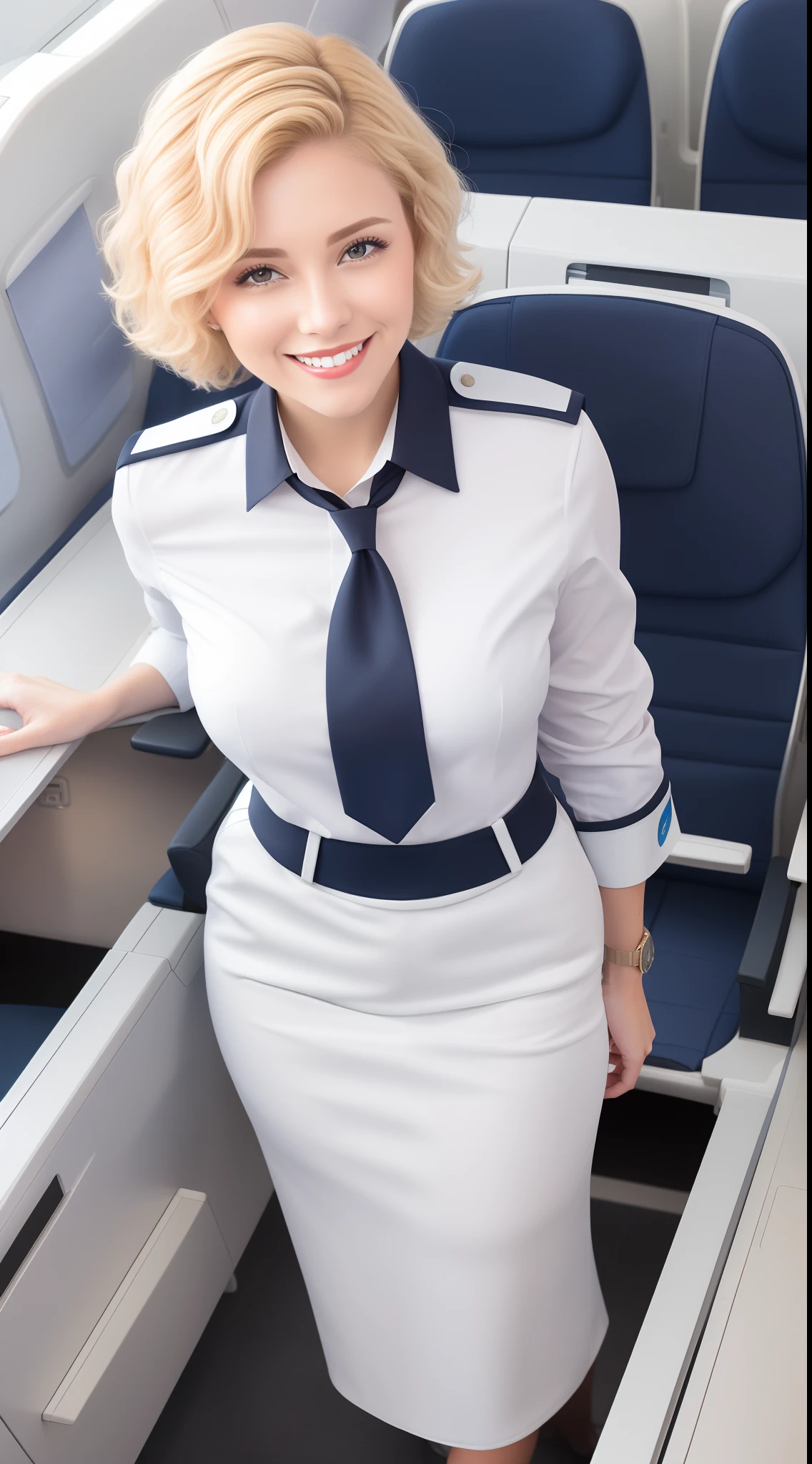 (White flight attendant uniform),view the viewer,Smiling,cheerfulness,Short curly blonde hair, standing, inside airplane,
