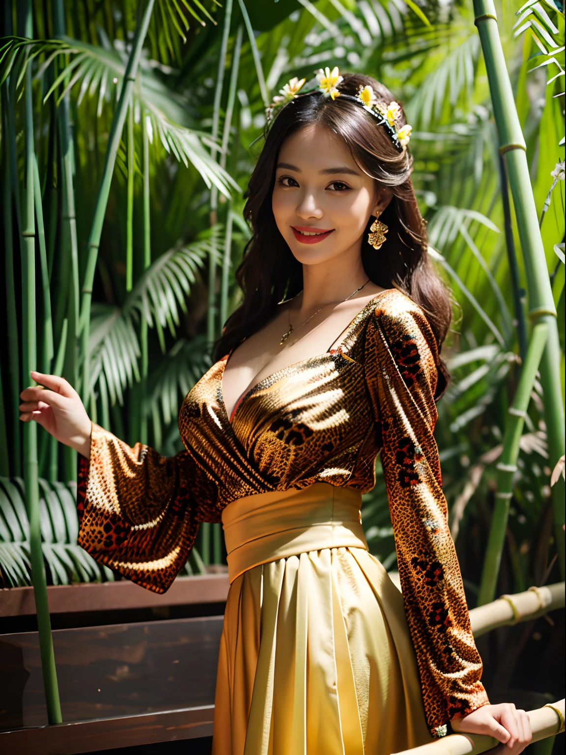 Fantastic petals drift down the forest, 1 Smiling girl standing on a bamboo raft, Solo, Turning Head, parted lip, 8K, Best quality,High quality deep V leopard print, Masterpiece,rich facial texture, full bodyesbian,Medium shot, beautiful pendant, Medium breasts, jewelry, Earrings, cleavage, Floral_print, Long_Sleeves,flower headpiece,Sexy pose, Hair_flower, sash,